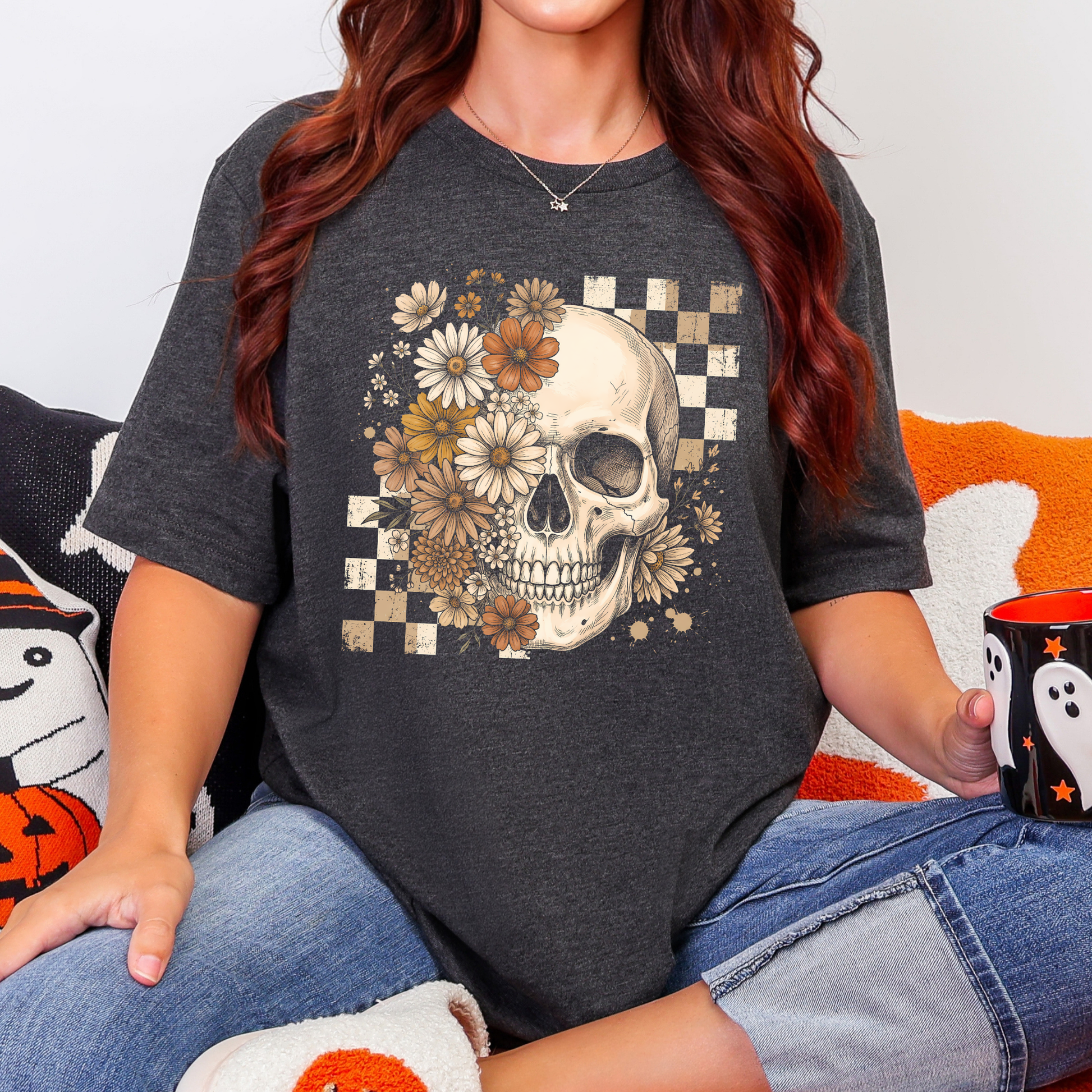 Wholesale Retro Floral Skull Graphic Tee - Dark Grey Heather
