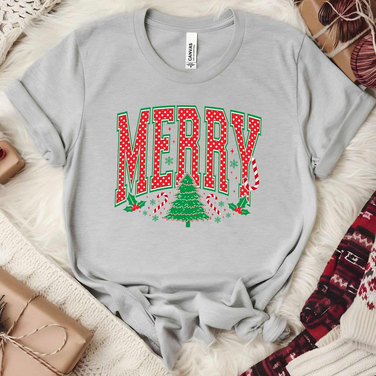 Wholesale Merry Polka Dot Graphic Tee - Heather Stone