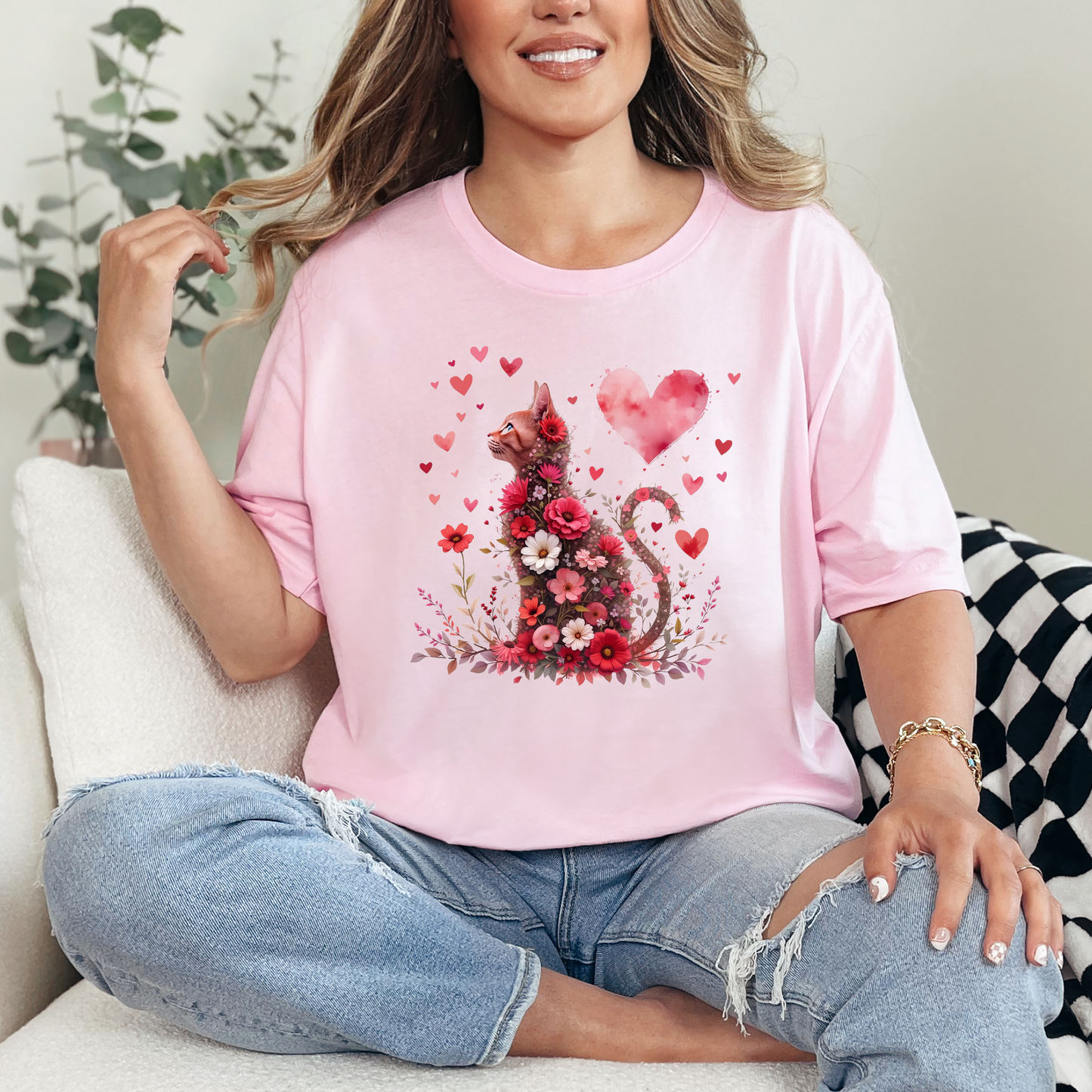 Valentine Floral Cat Graphic Tee
