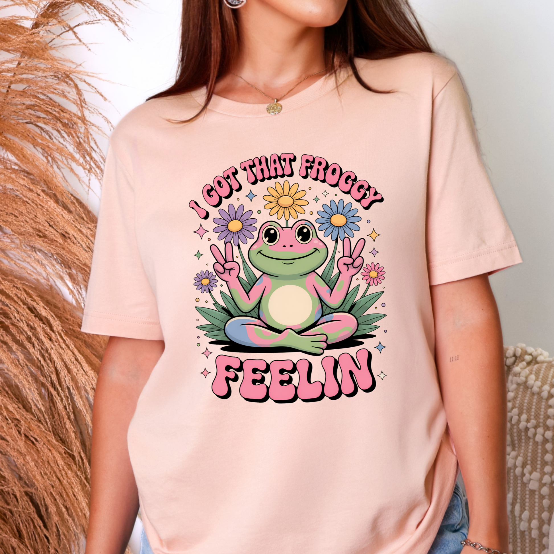 Wholesale Froggy Feelin Graphic Tee - Peach Tee