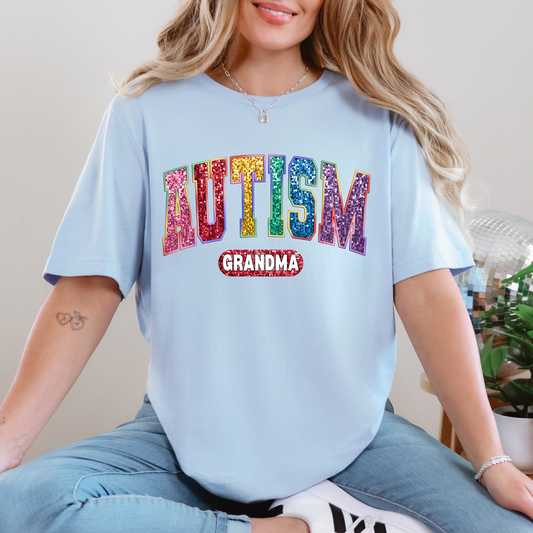 Wholesale Bling Autism Grandma Graphic Tee - Baby Blue Tee
