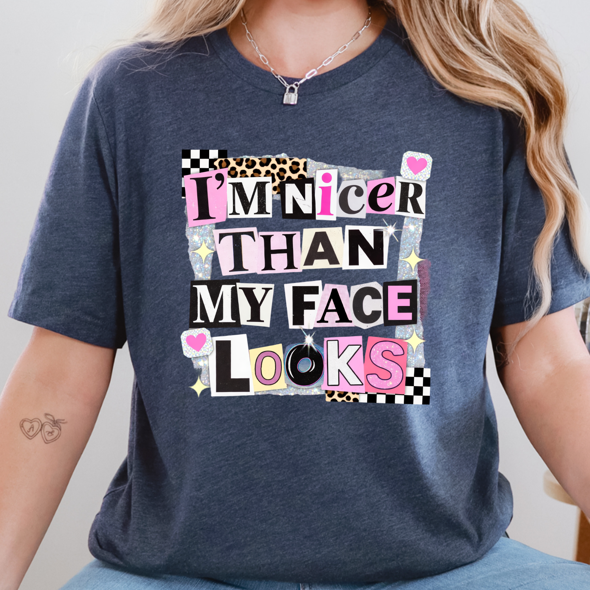 Wholesale I'm Nicer Than My Face Graphic Tee - Heather Navy Tee
