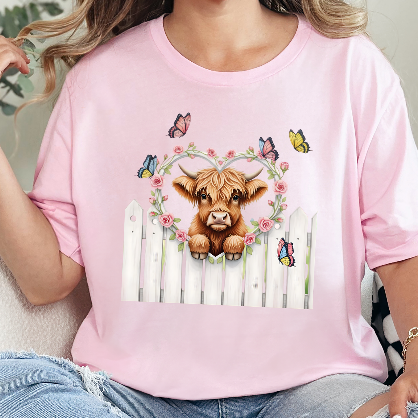 Wholesale Highland Cow Butterflies Graphic Tee - Soft Pink Tee