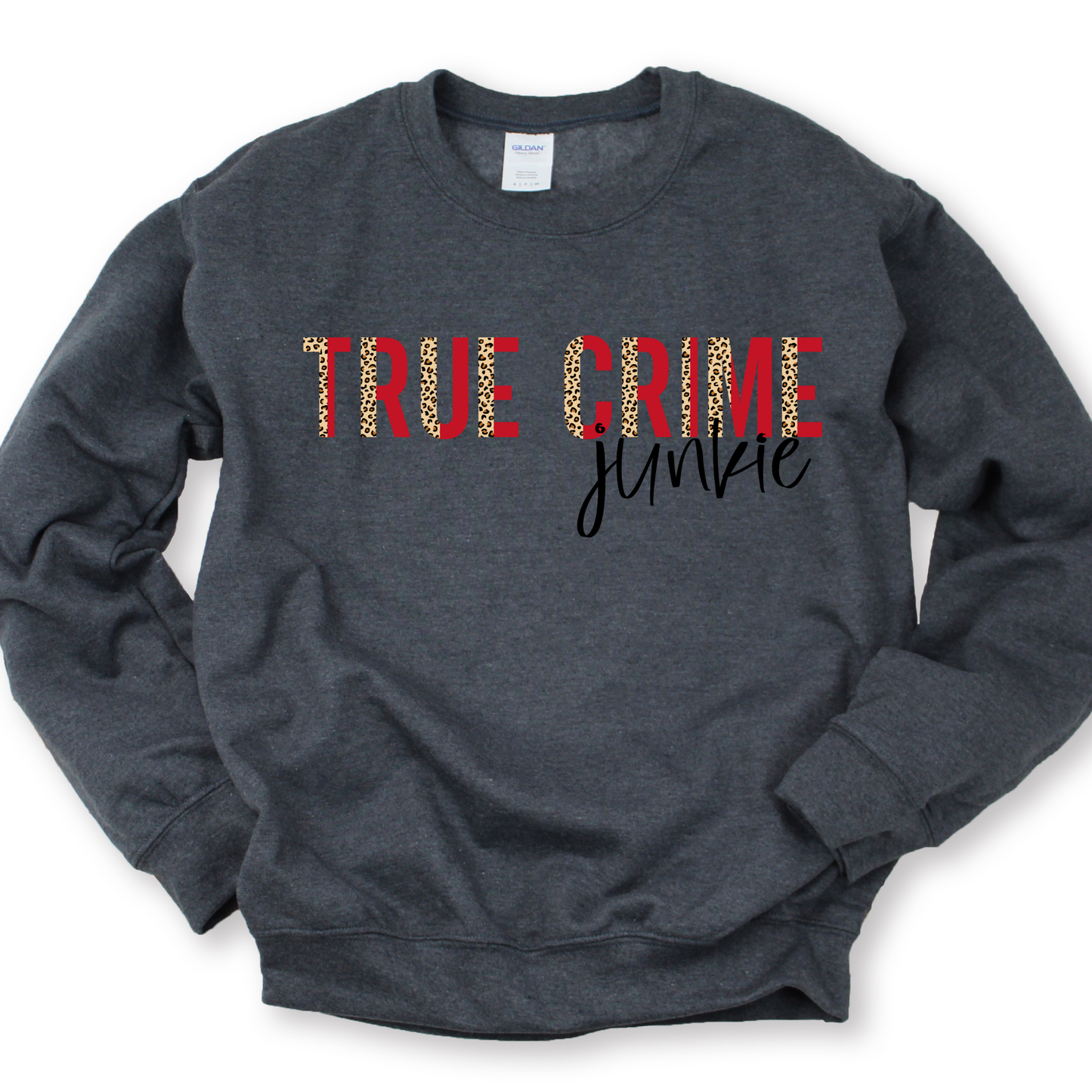 Wholesale Leopard True Crime Junkie Graphic Tee - Heather Charocal Sweatshirt