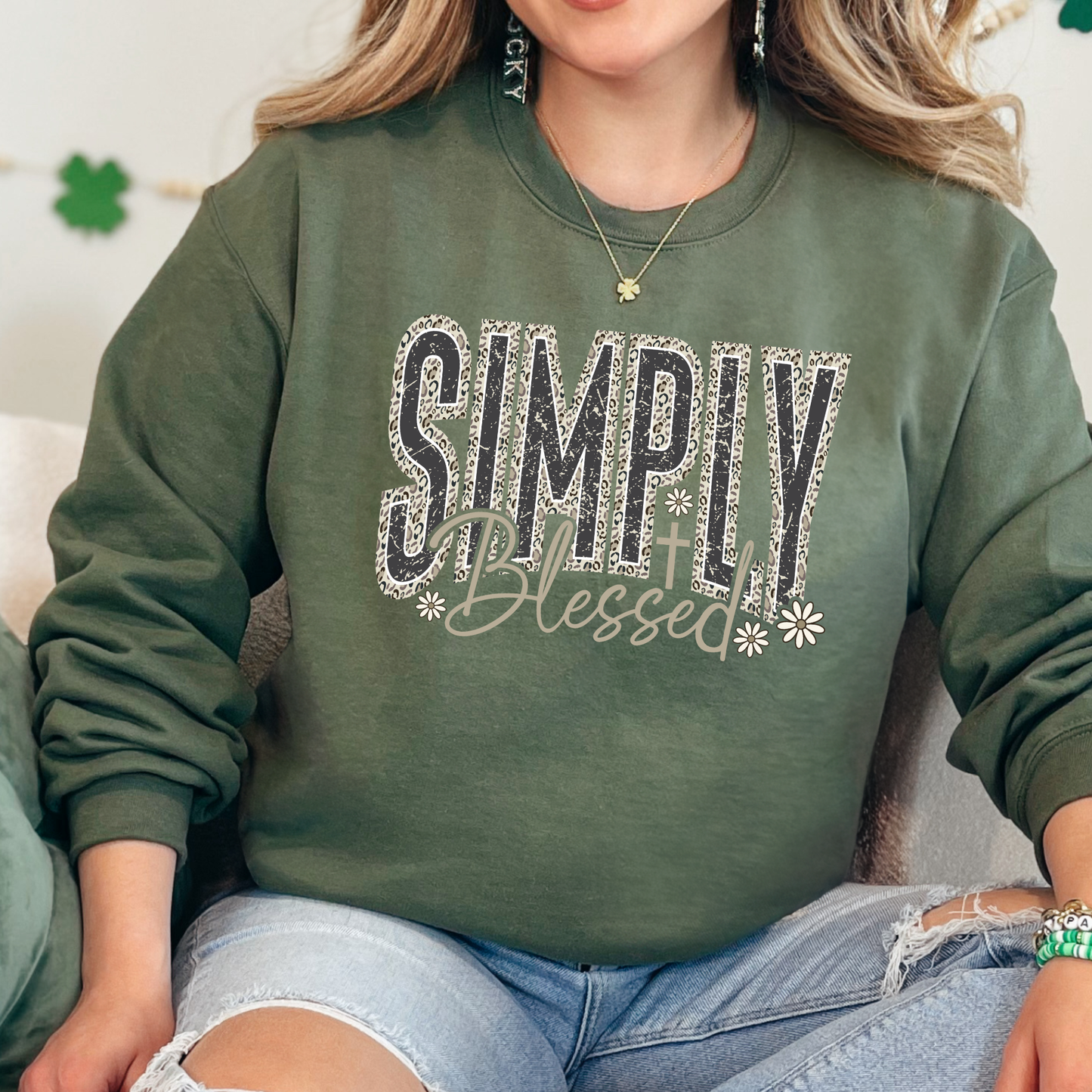 Wholesale Simply Blessed Camo Graphic Sweatshirt - Military Green
