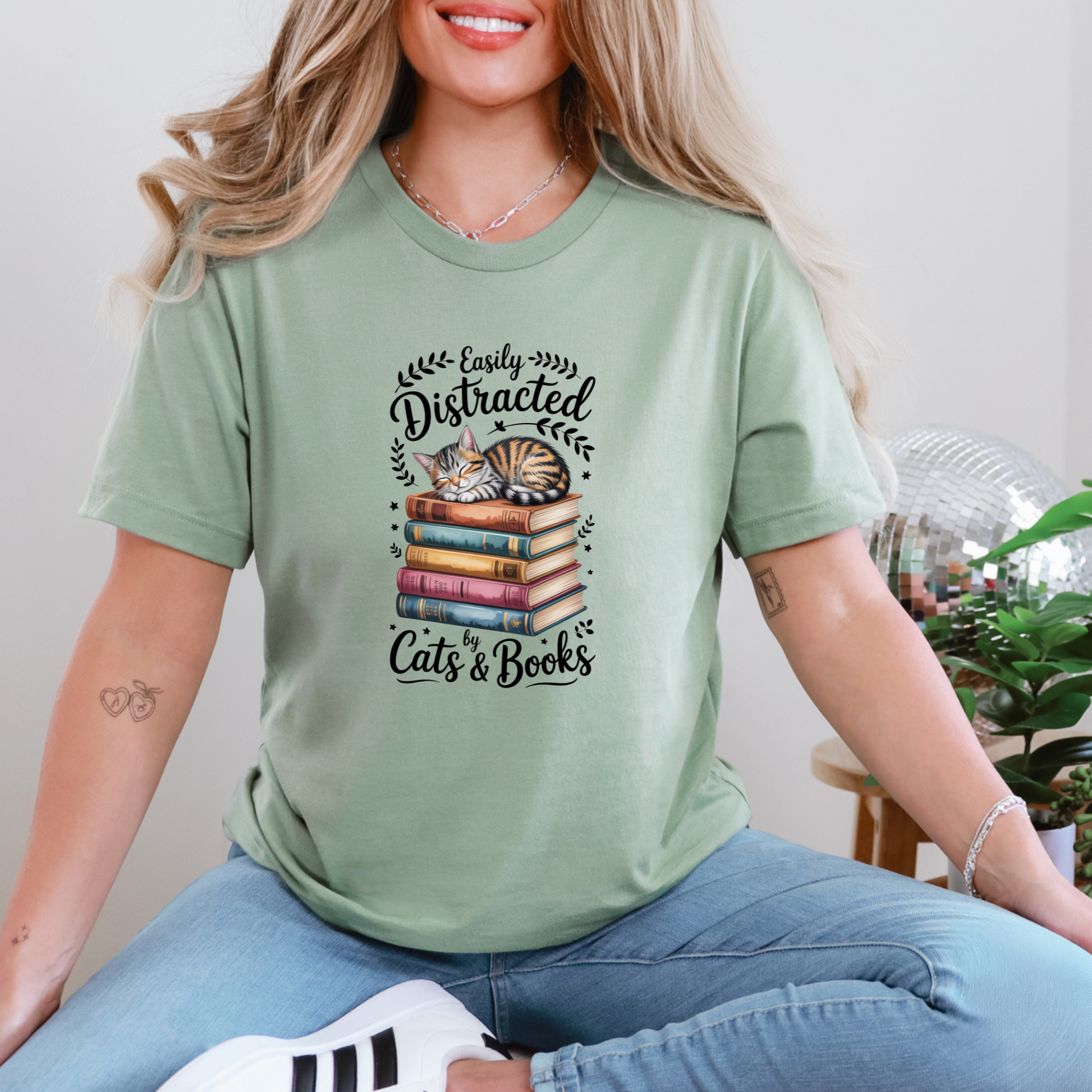 Wholesale Easily Distracted by Cats & Books Graphic Tee - Sage Tee
