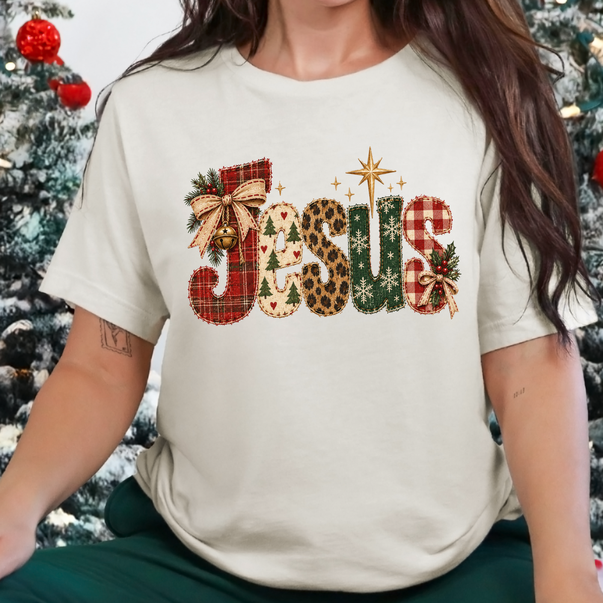 Wholesale Christmas Patchwork Jesus Graphic Tee - Natural