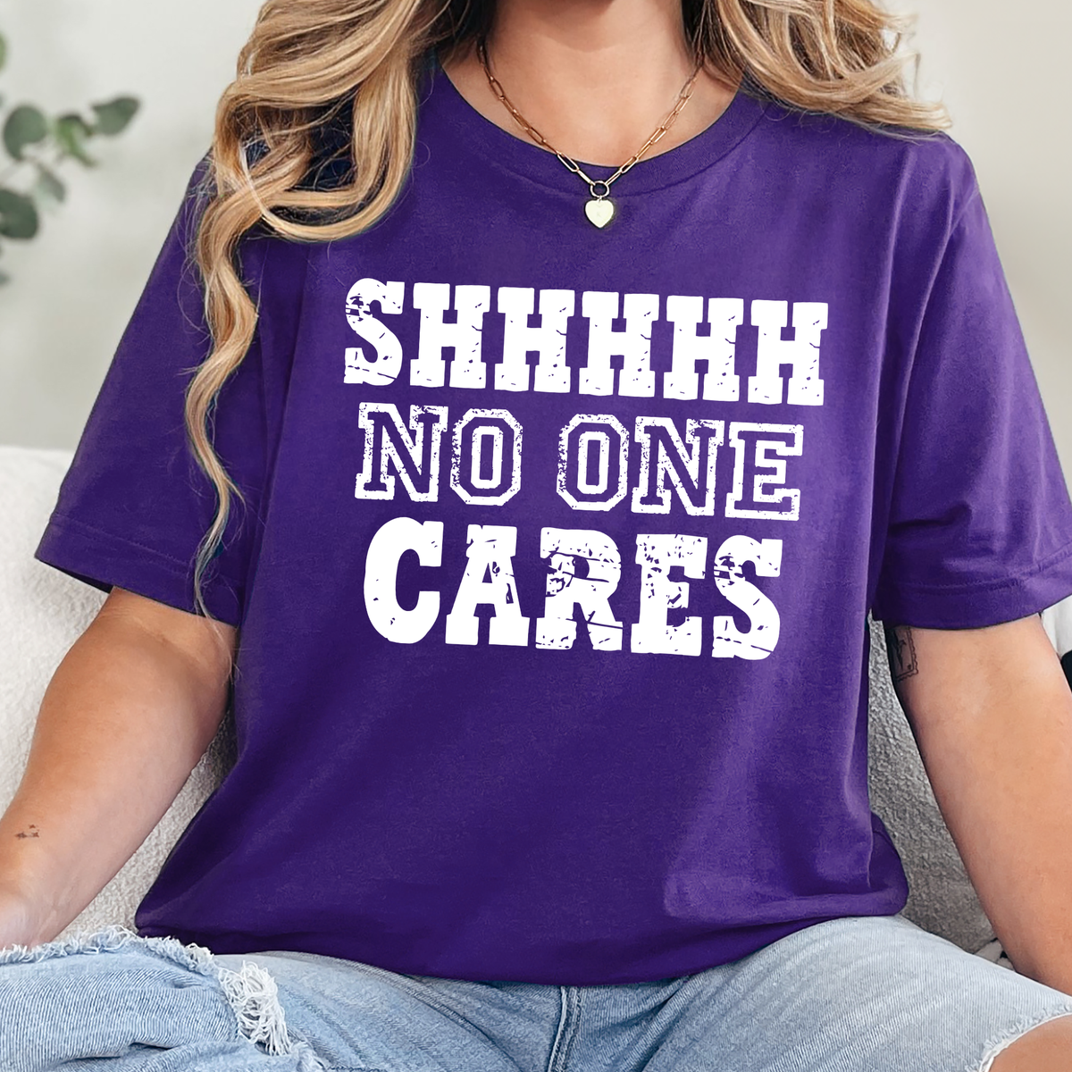 Wholesale Shh No One Cares Graphic Tee - Team Purple