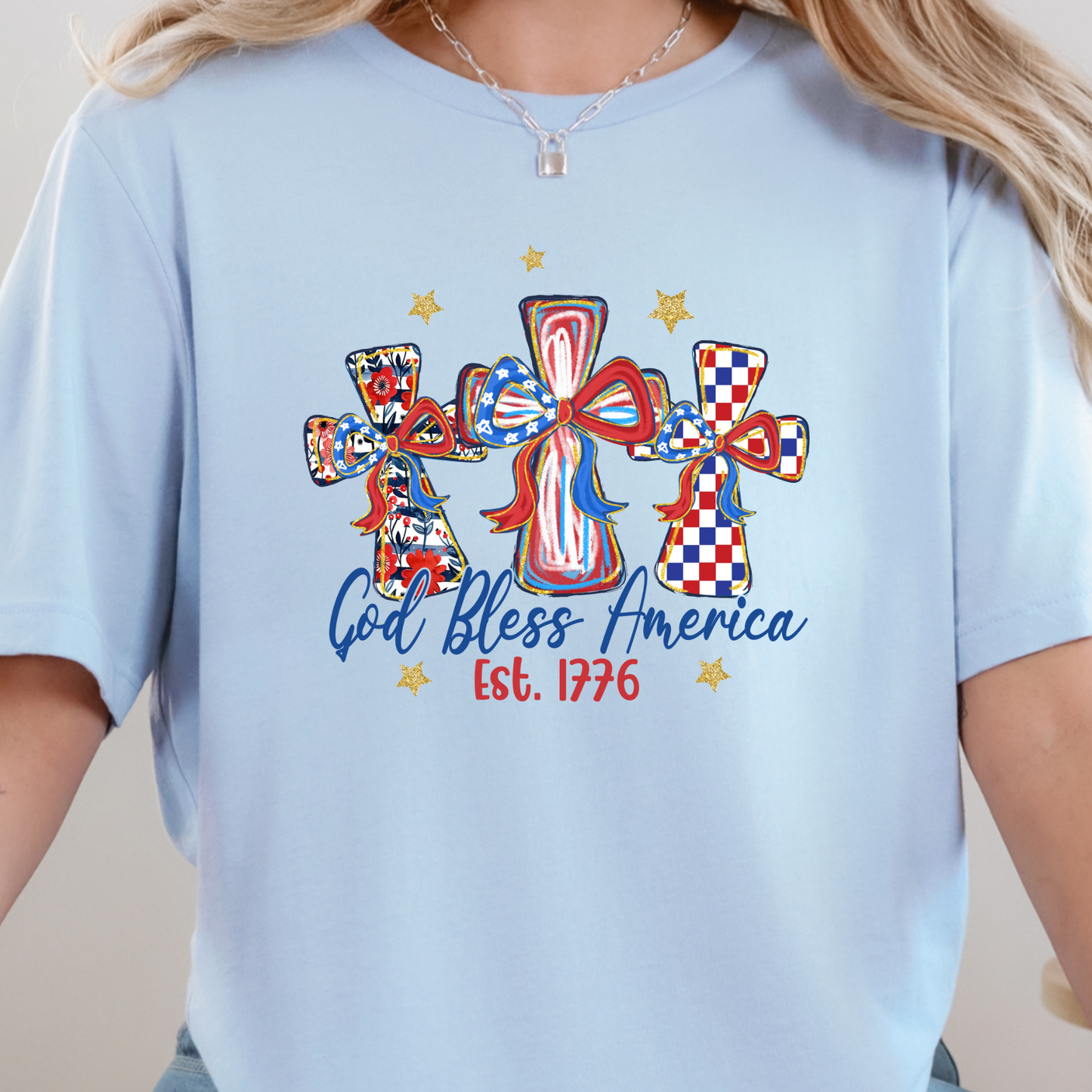 Wholesale Patriotic Cross Graphic Tee - Baby Blue Tee