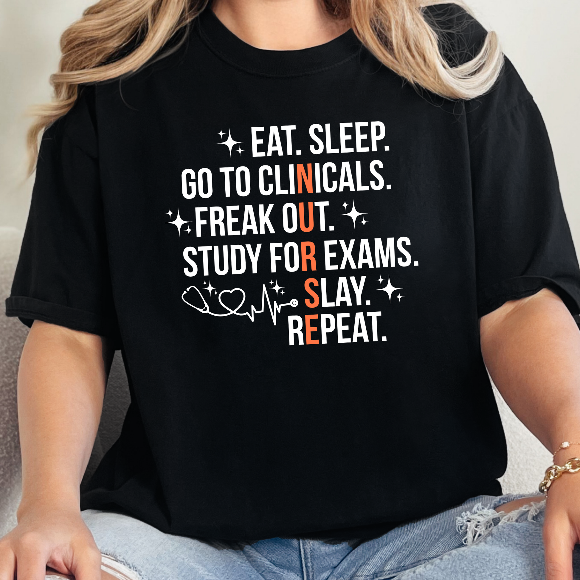 Wholesale Eat Sleep Go To Clinicals Graphic Tee - Black Tee