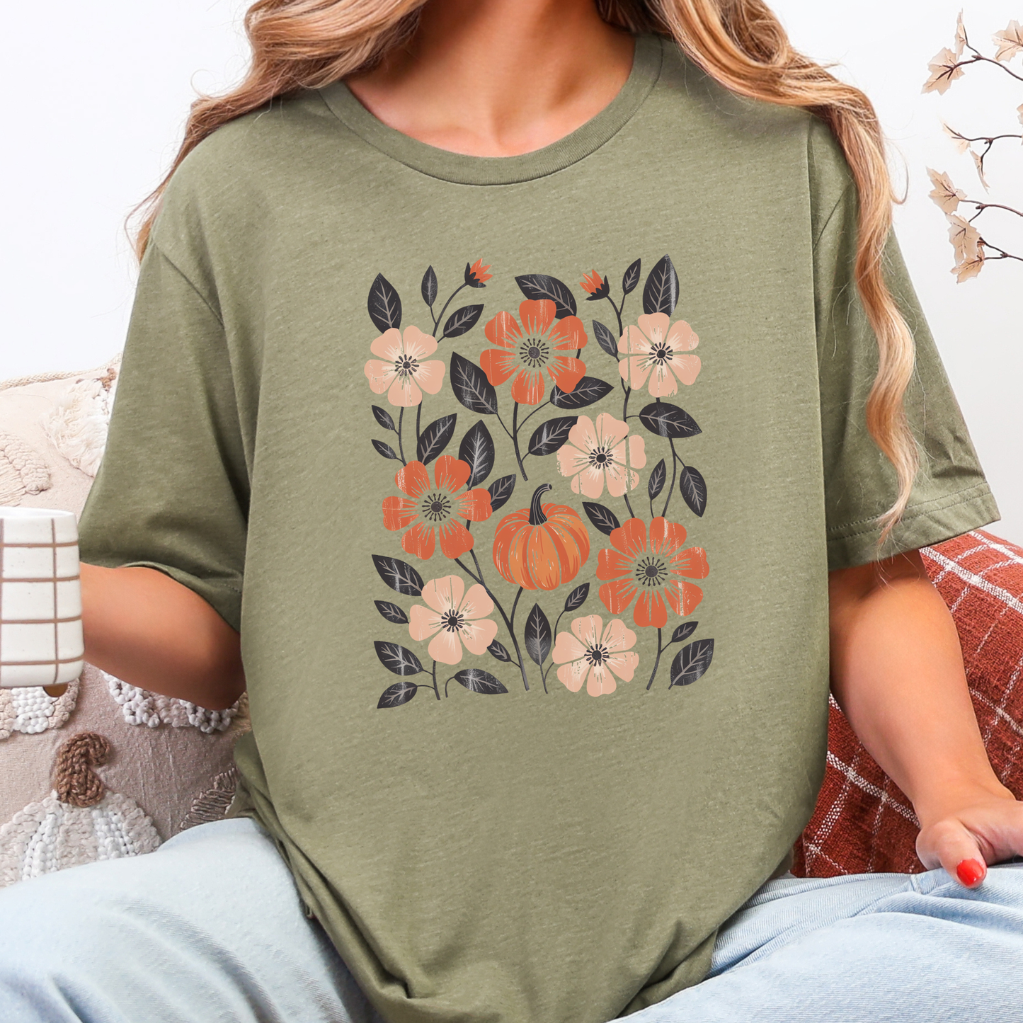 Wholesale Boho Floral Fall Graphic Tee - Heather Olive