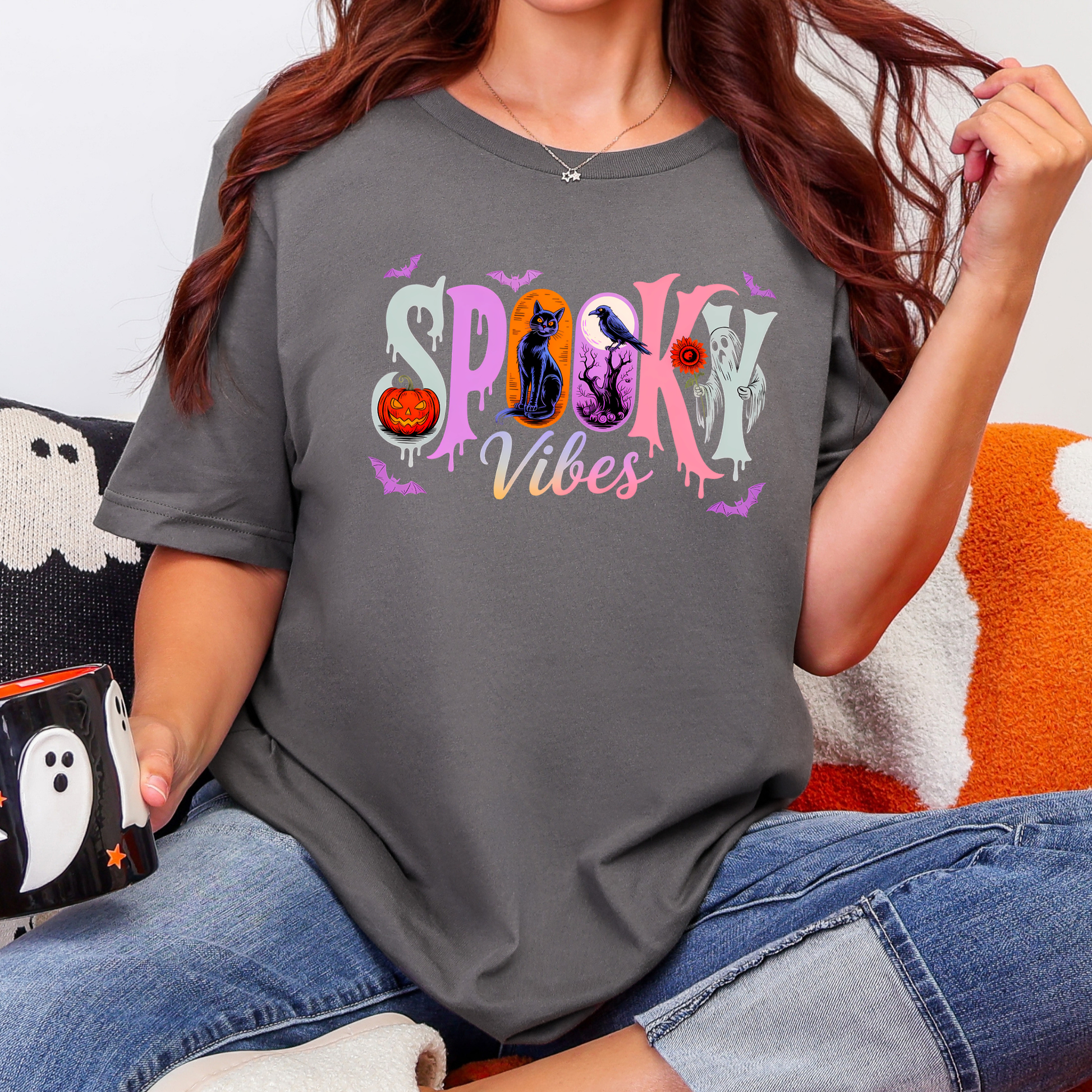 Wholesale Spooky Vibes Retro Graphic Tee - Asphalt