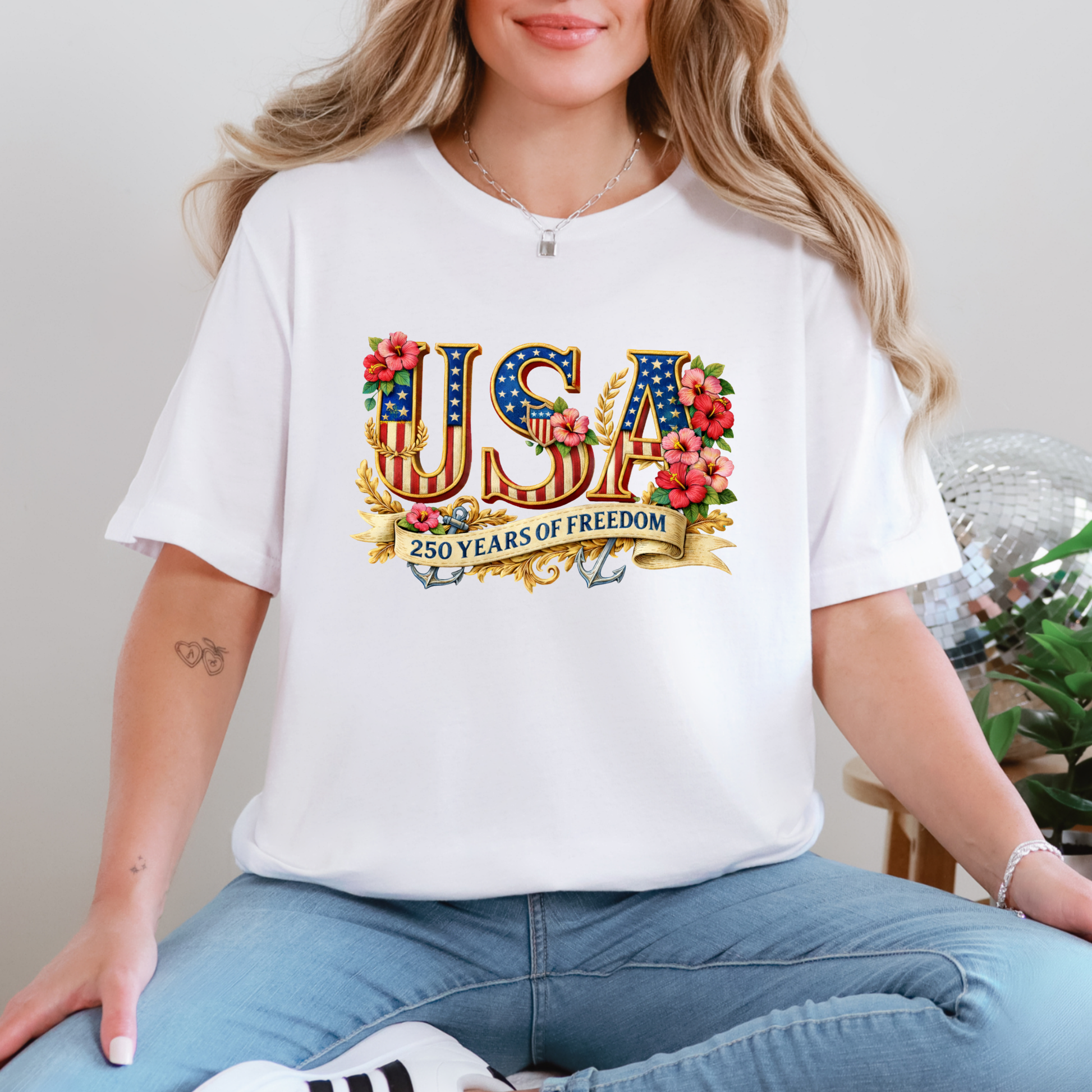 Wholesale Floral USA 250 Years Graphic Tee - White Tee