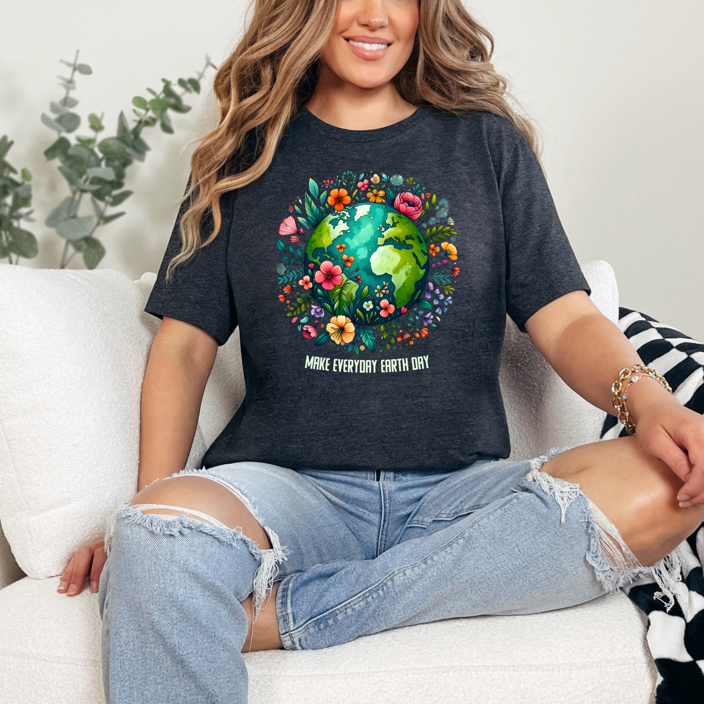 Wholesale Floral Earth Day Everyday Graphic Tee - Heather Charcoal Tee