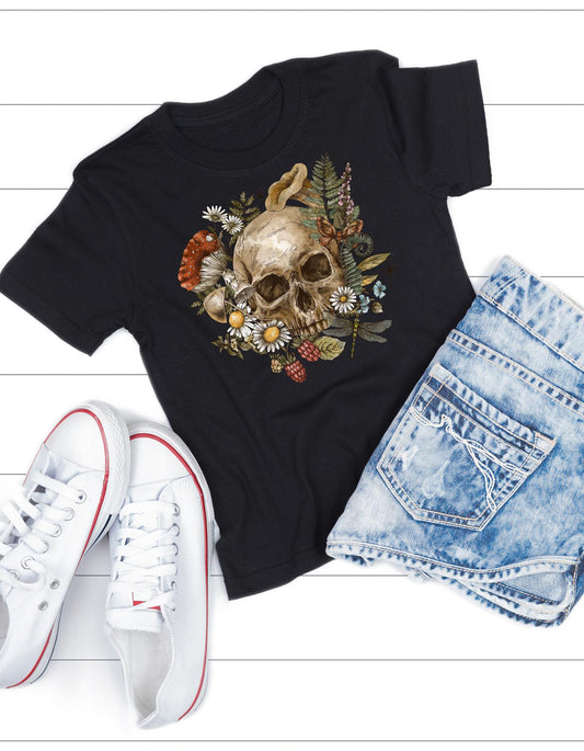 Wholesale Floral Spring Skull Graphic Tee - Black