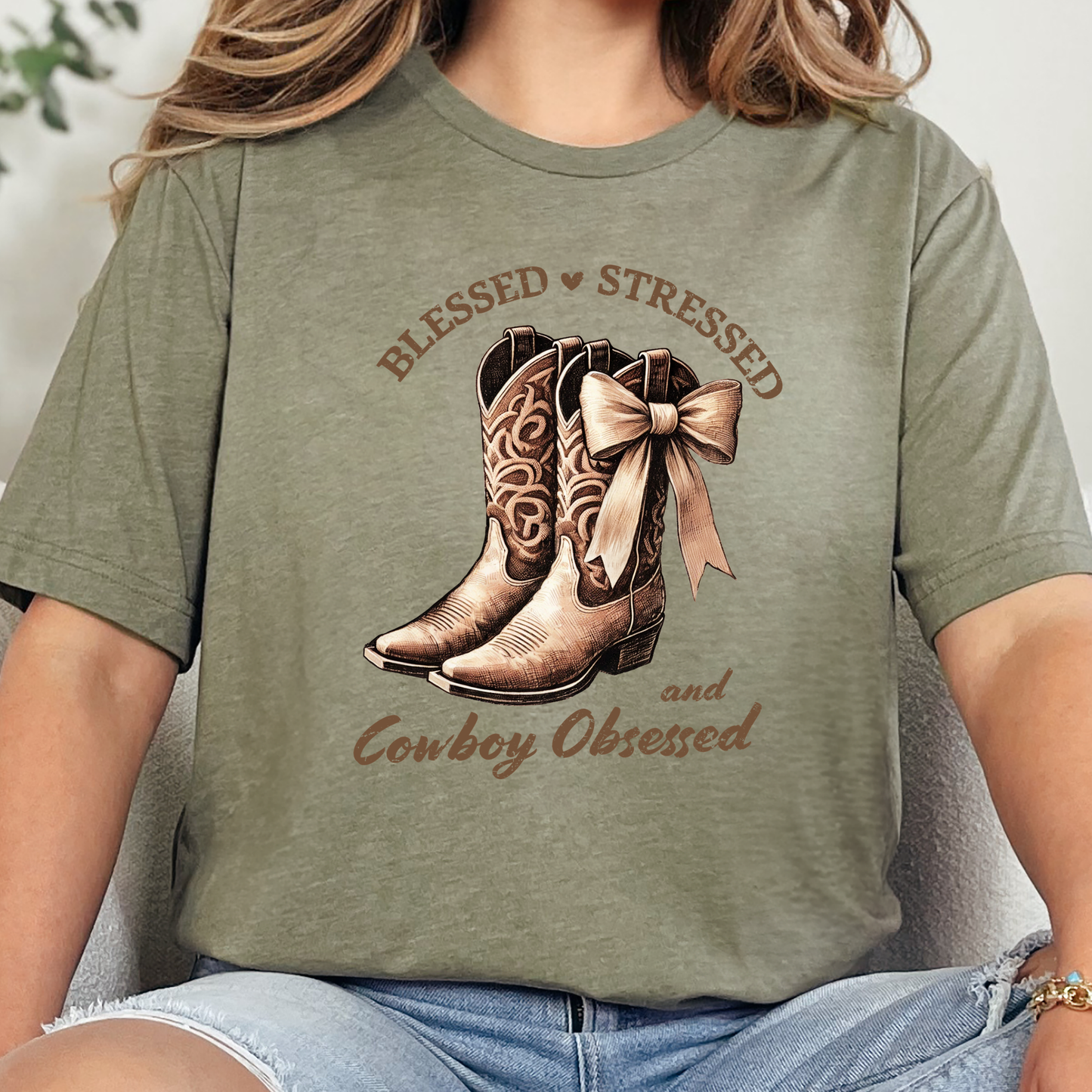 Wholesale Cowboy Obsessed Graphic Tee - Heather Olive Tee