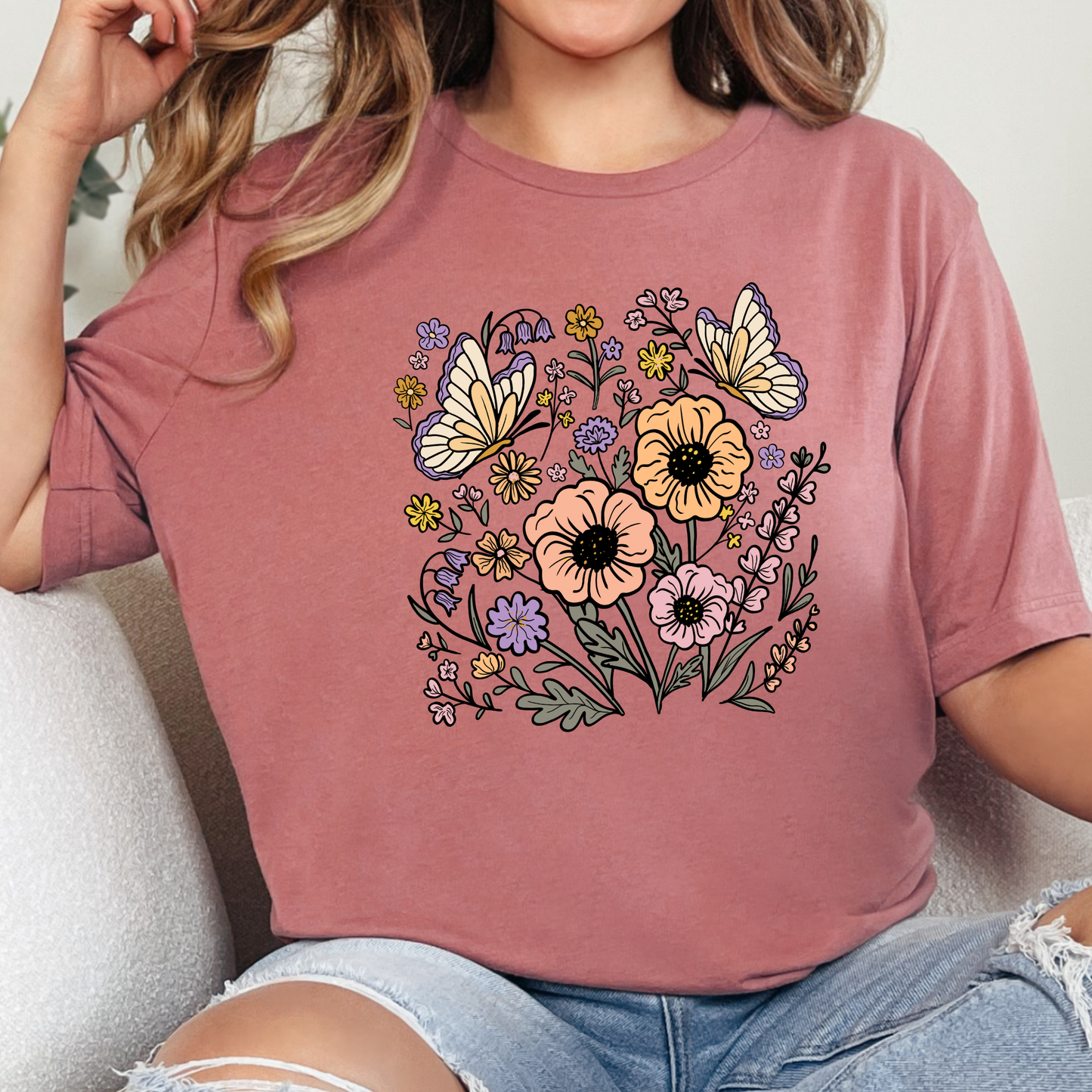 Wholesale Wildflower Butterfly Graphic Tee - Mauve Tee