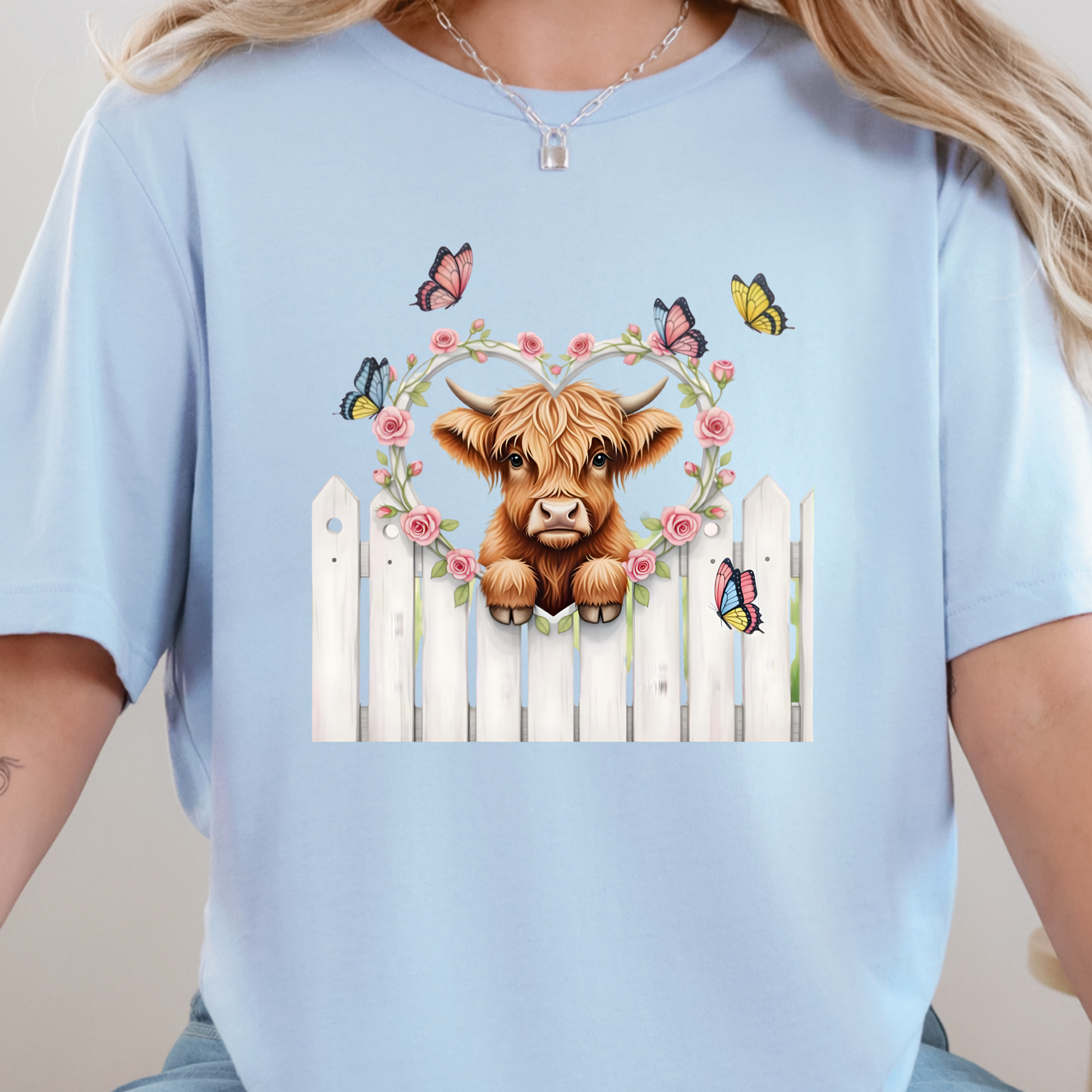 Wholesale Highland Cow Butterflies Graphic Tee - Baby Blue Tee