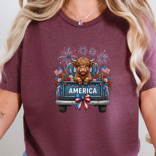 Wholesale Highland Cow America Truck Graphic Tee - Heather Maroon Tee