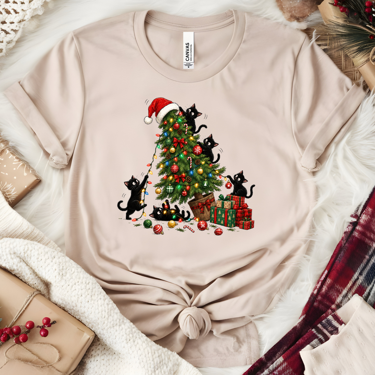 Wholesale Black Cat Christmas Tree Graphic Tee - Heather Dust