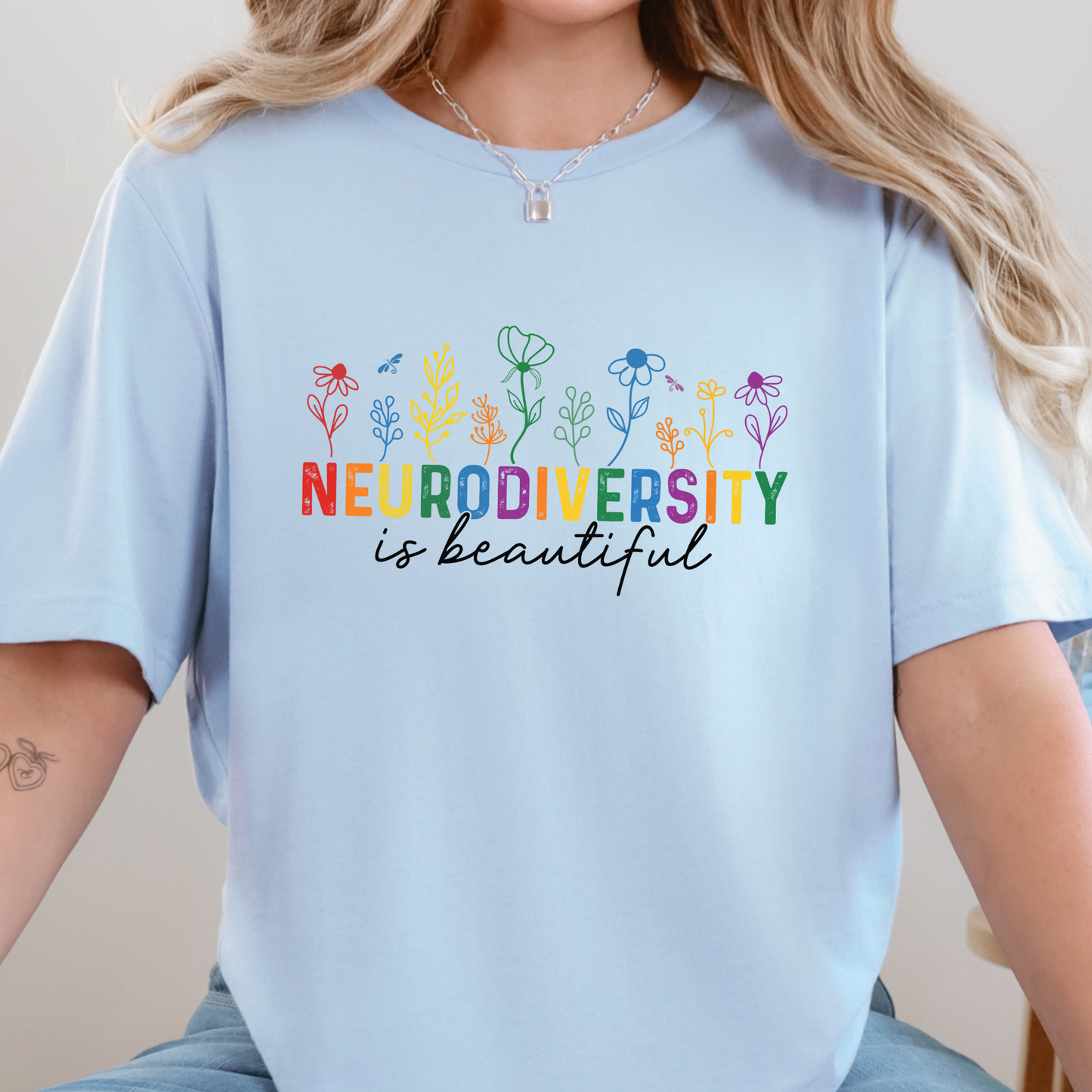 Wholesale Floral Neurodiversity is Beautiful Graphic Tee - Baby Blue Tee