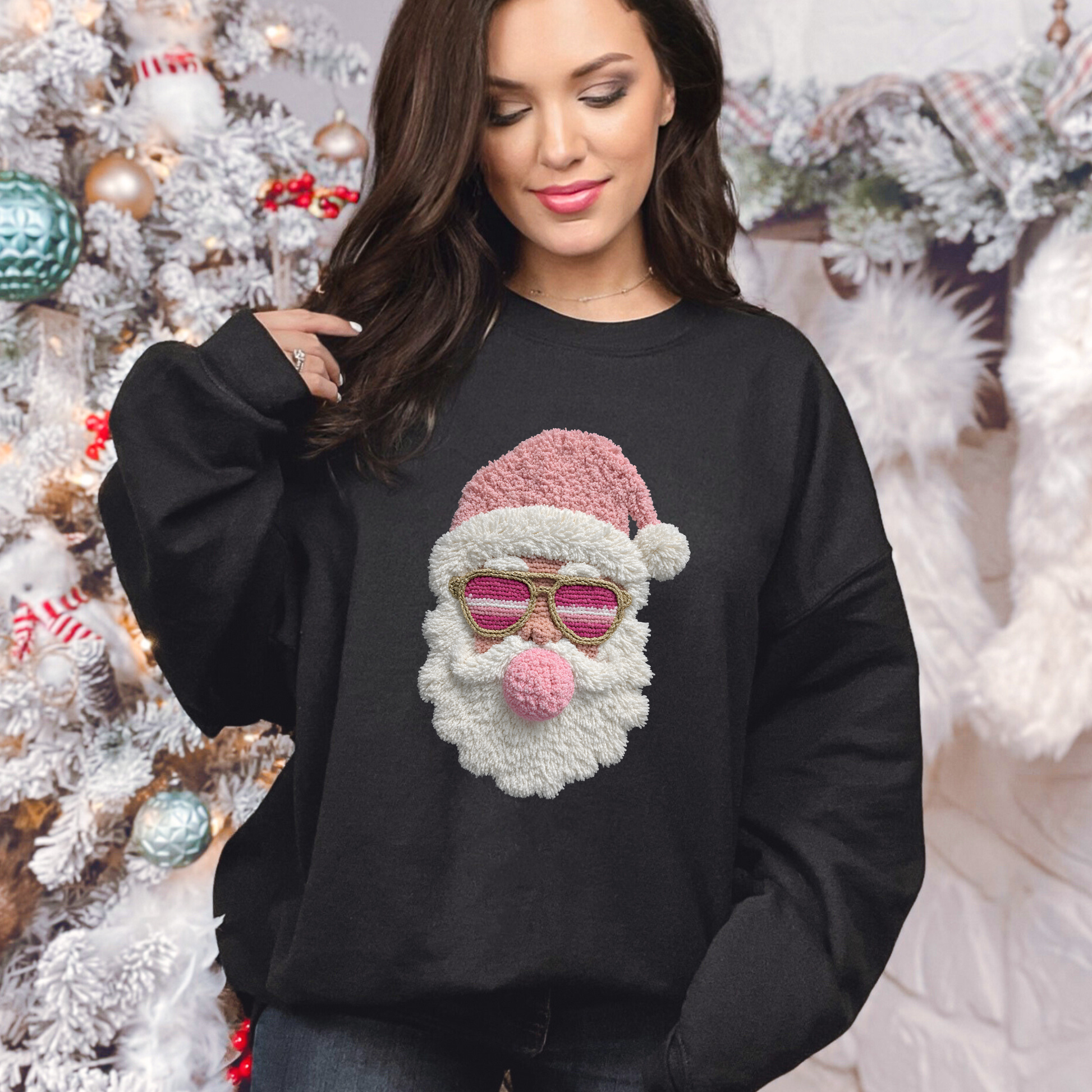 Wholesale Pink Yarn Santa Sweatshirt - Black Sweatshirt