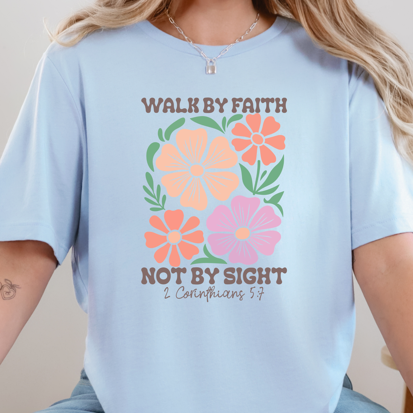Wholesale Floral Walk by Faith Not By Sight Graphic Tee - Baby Blue Tee