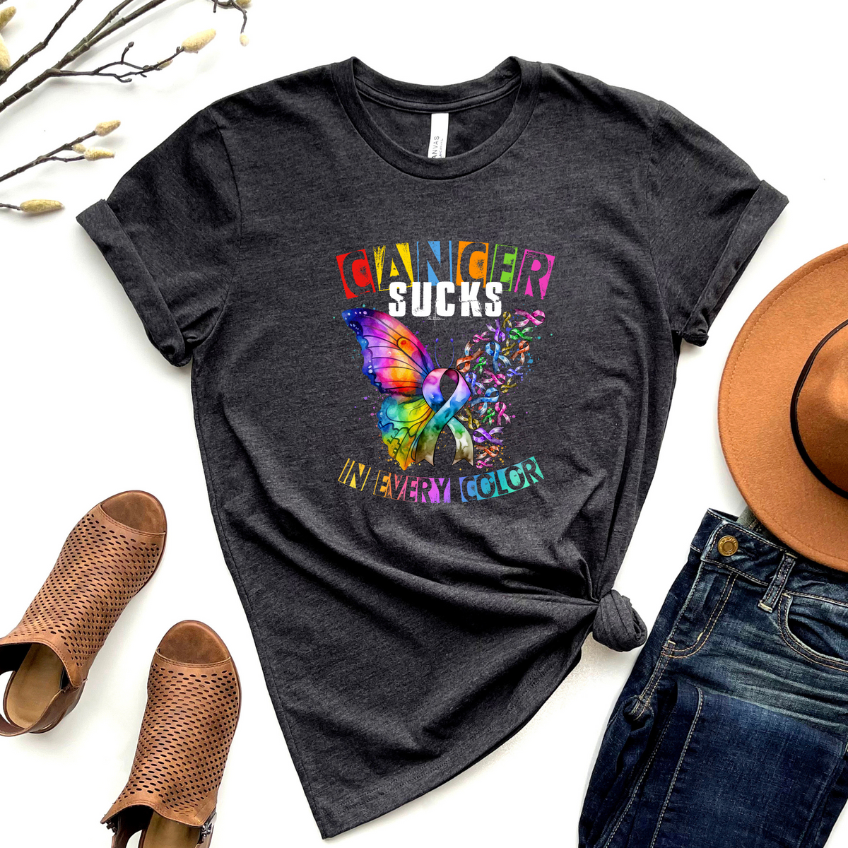 Wholesale Cancer Sucks Graphic Tee - Heather Charcoal Tee