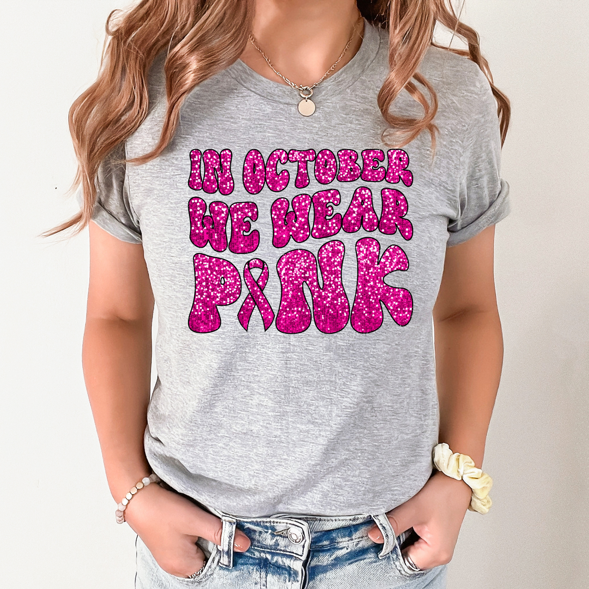 Wholesale We wear Pink Bling Graphic Tee - Grey Tee