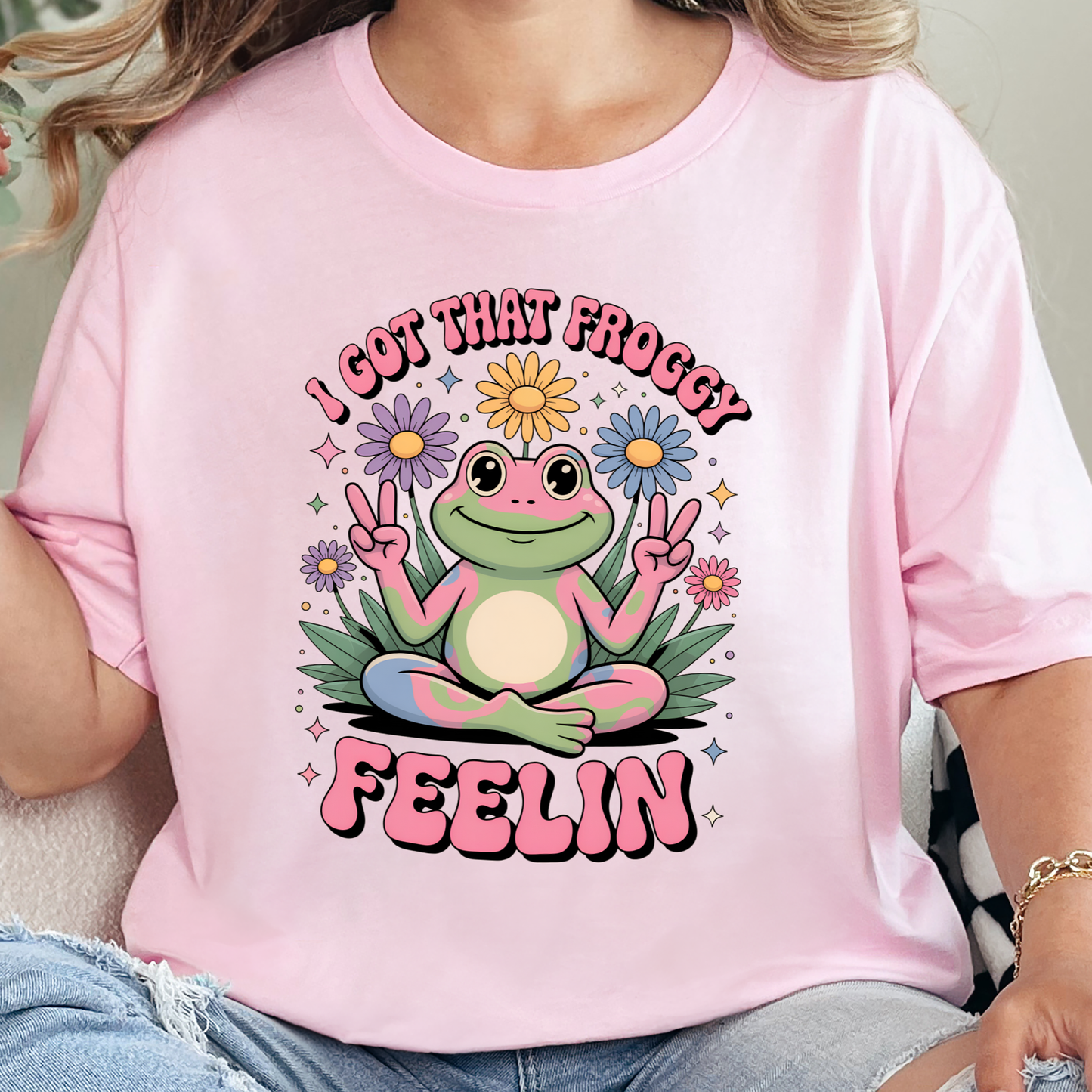 Wholesale Froggy Feelin Graphic Tee - Soft Pink Tee