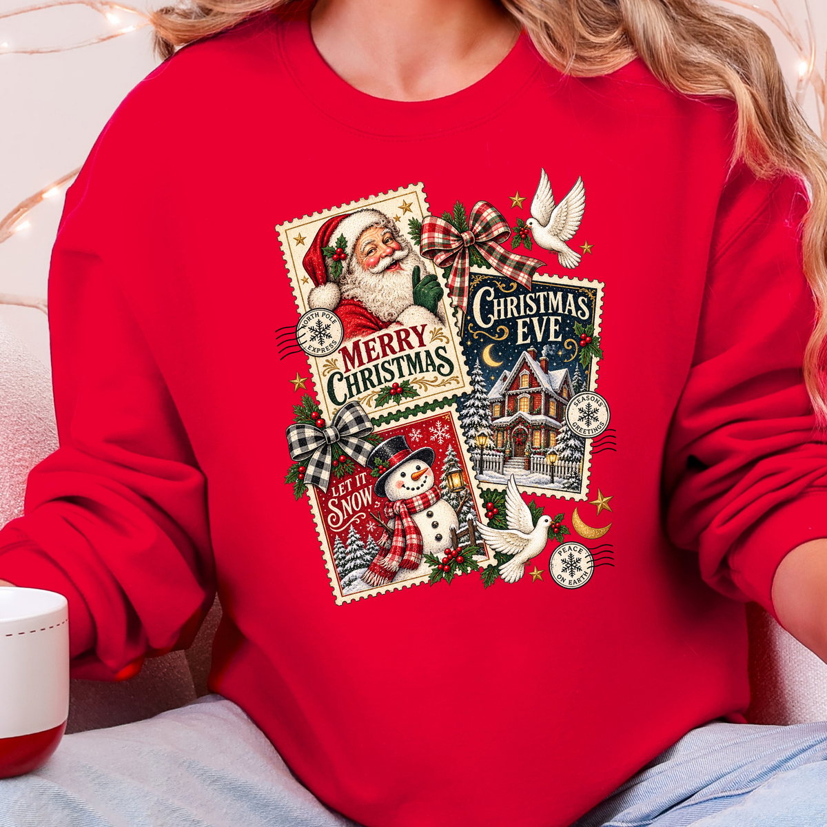 Wholesale Vintage Christmas Postcard Collage Graphic Sweatshirt - Red