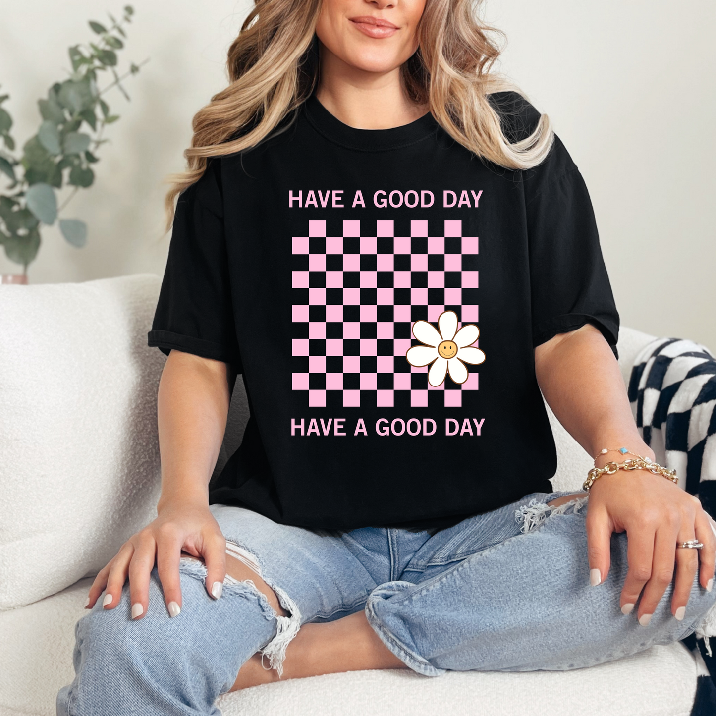 Wholesale Have A Good Day Pink Graphic Tee - Black Tee