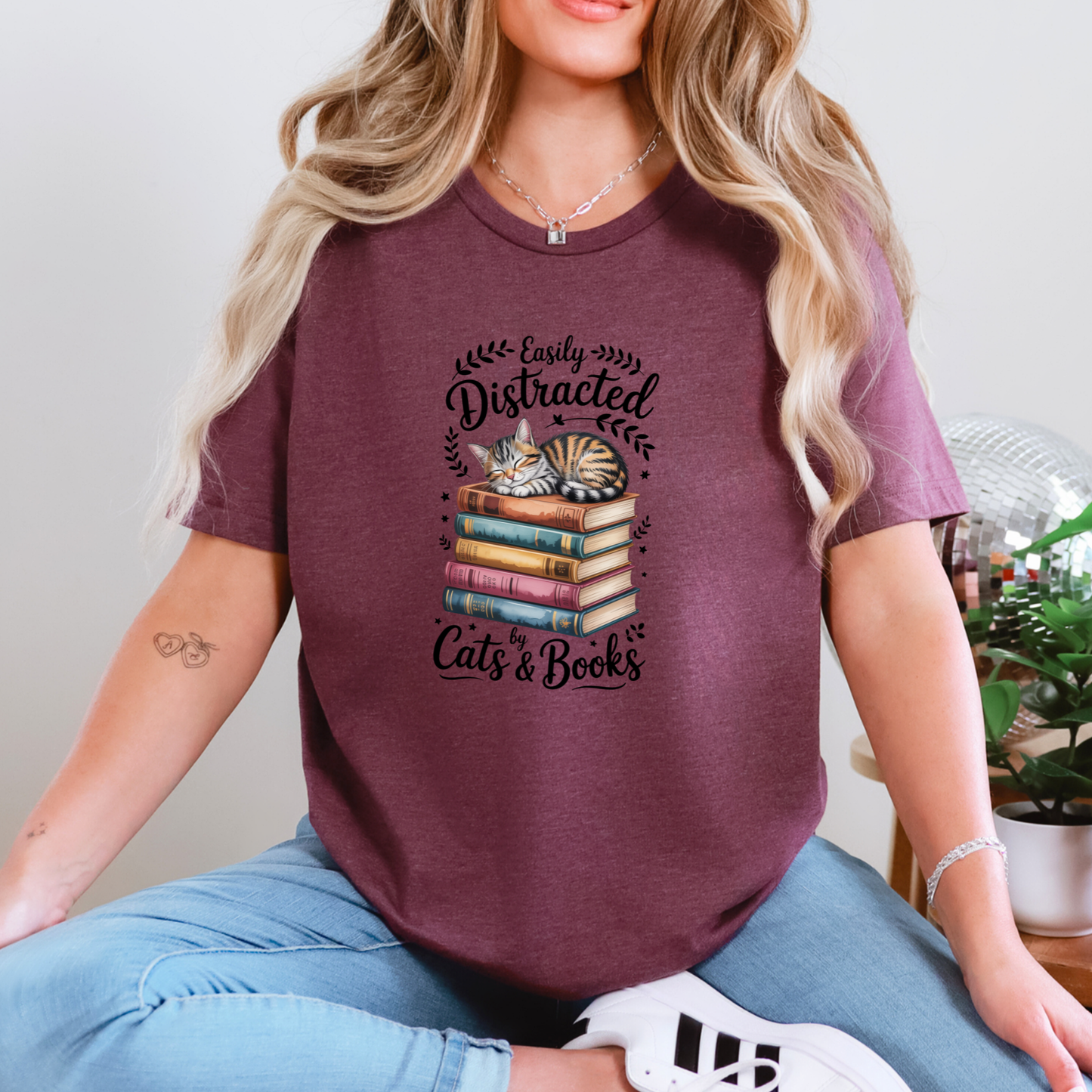 Wholesale Easily Distracted by Cats & Books Graphic Tee - Heather Maroon Tee