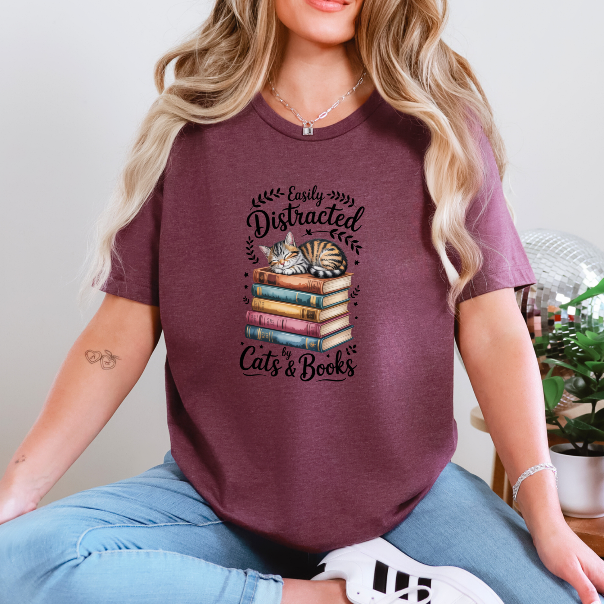 Wholesale Easily Distracted by Cats & Books Graphic Tee - Heather Maroon Tee
