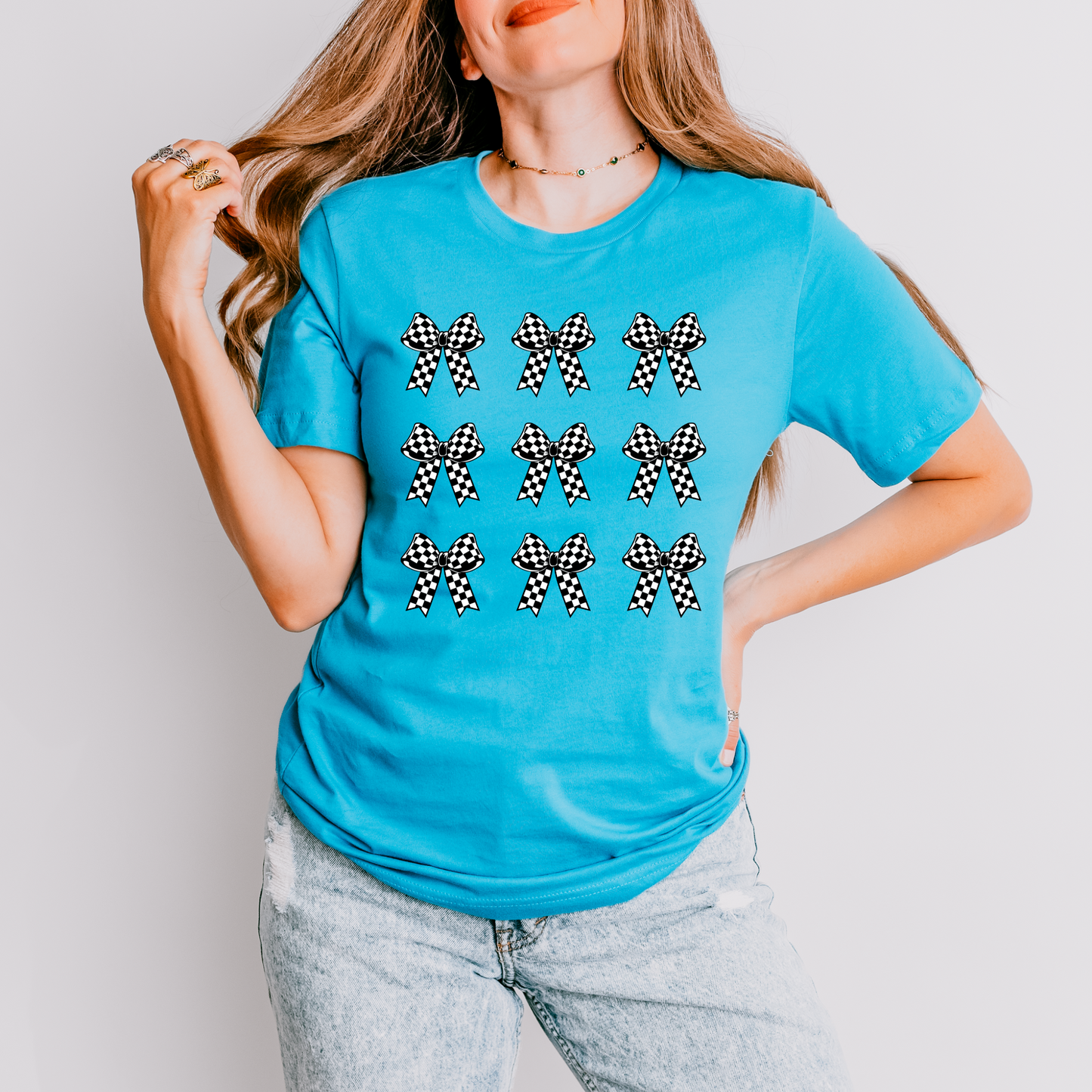 Wholesale Checker Bows Graphic Tee - Aqua Tee