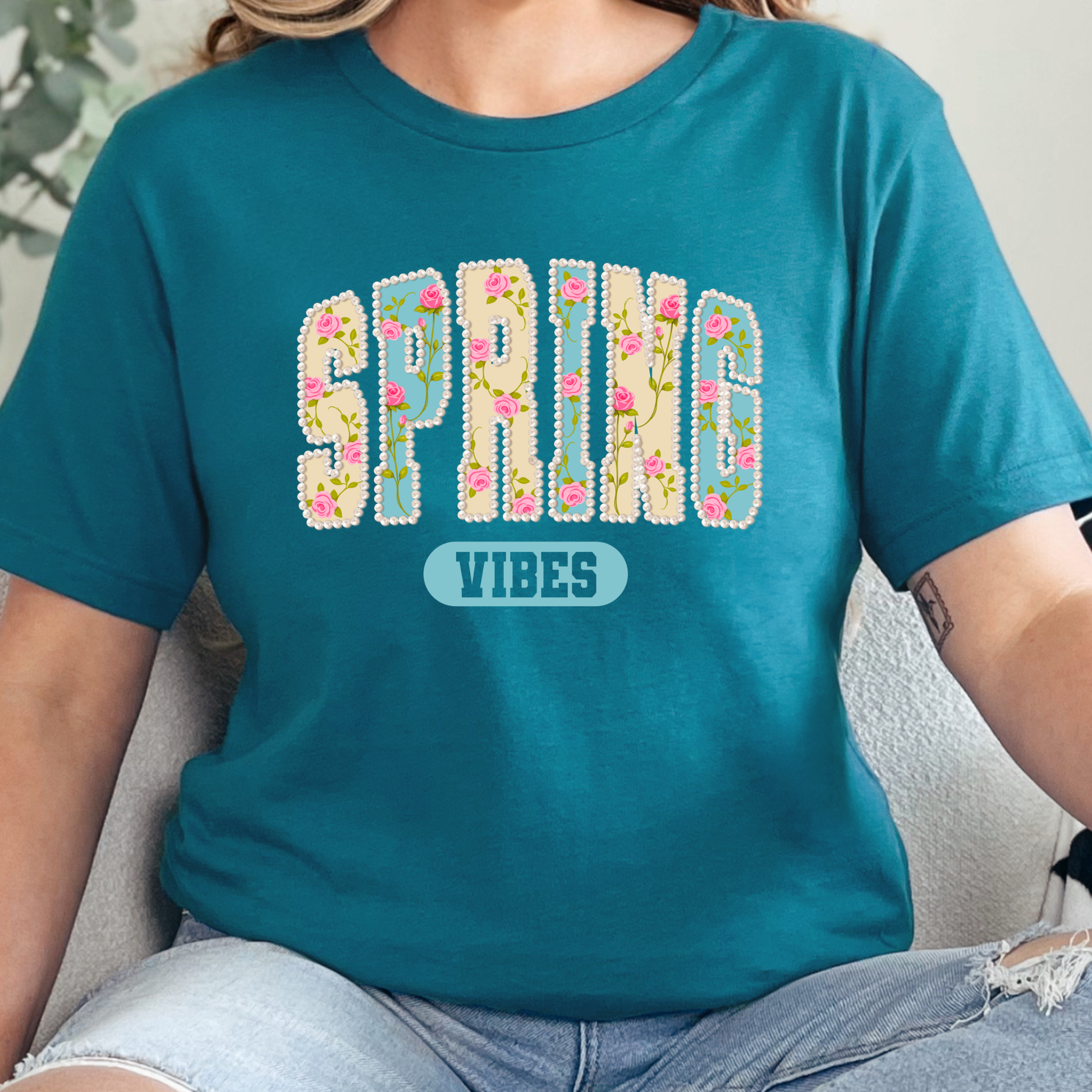Wholesale Faux Pearl Spring Vibes Graphic Tee - Deep Teal Tee