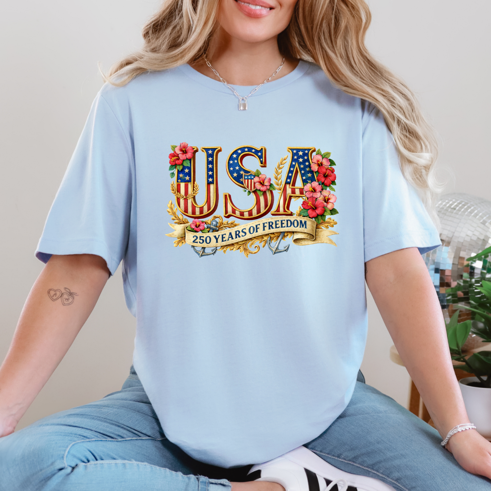 Wholesale Floral USA 250 Years Graphic Tee - Baby Blue Tee