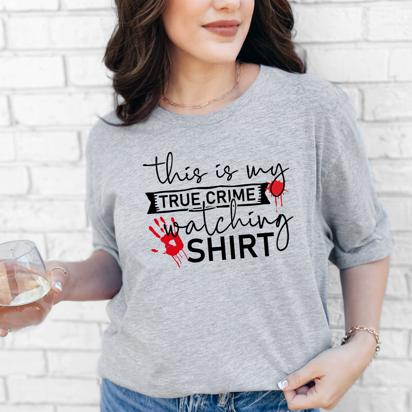 Wholesale True Crime Watching Shirt Graphic Tee - Grey Tee
