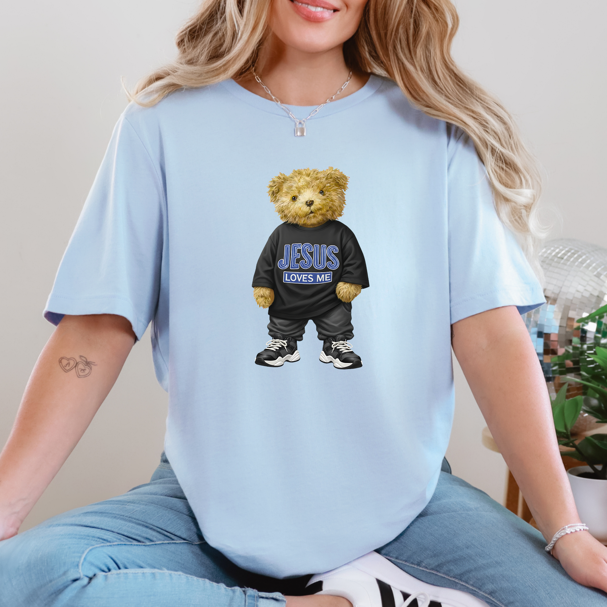 Wholesale Jesus Loves Me Teddy Bear Graphic Tee - Baby Blue Tee