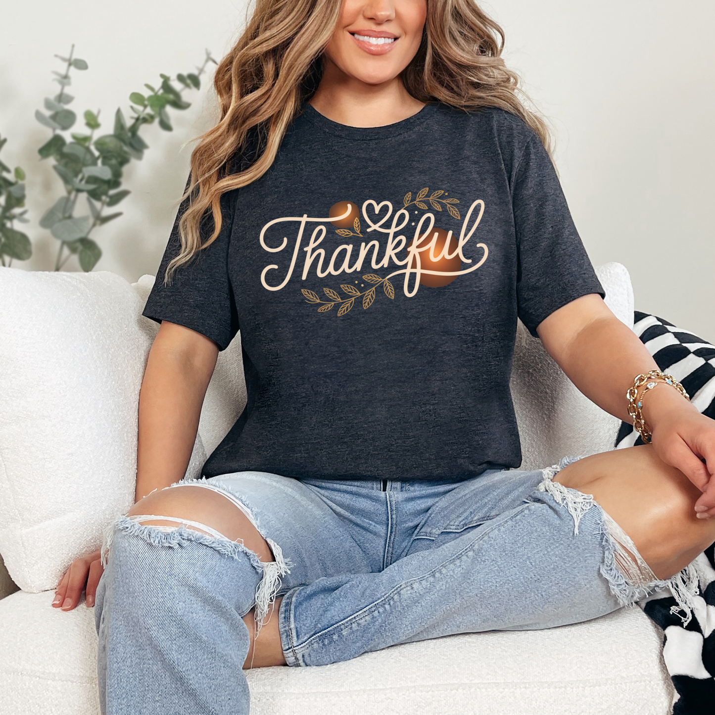 Wholesale Thankful Script Graphic Tee - Heather Dark Grey Tee