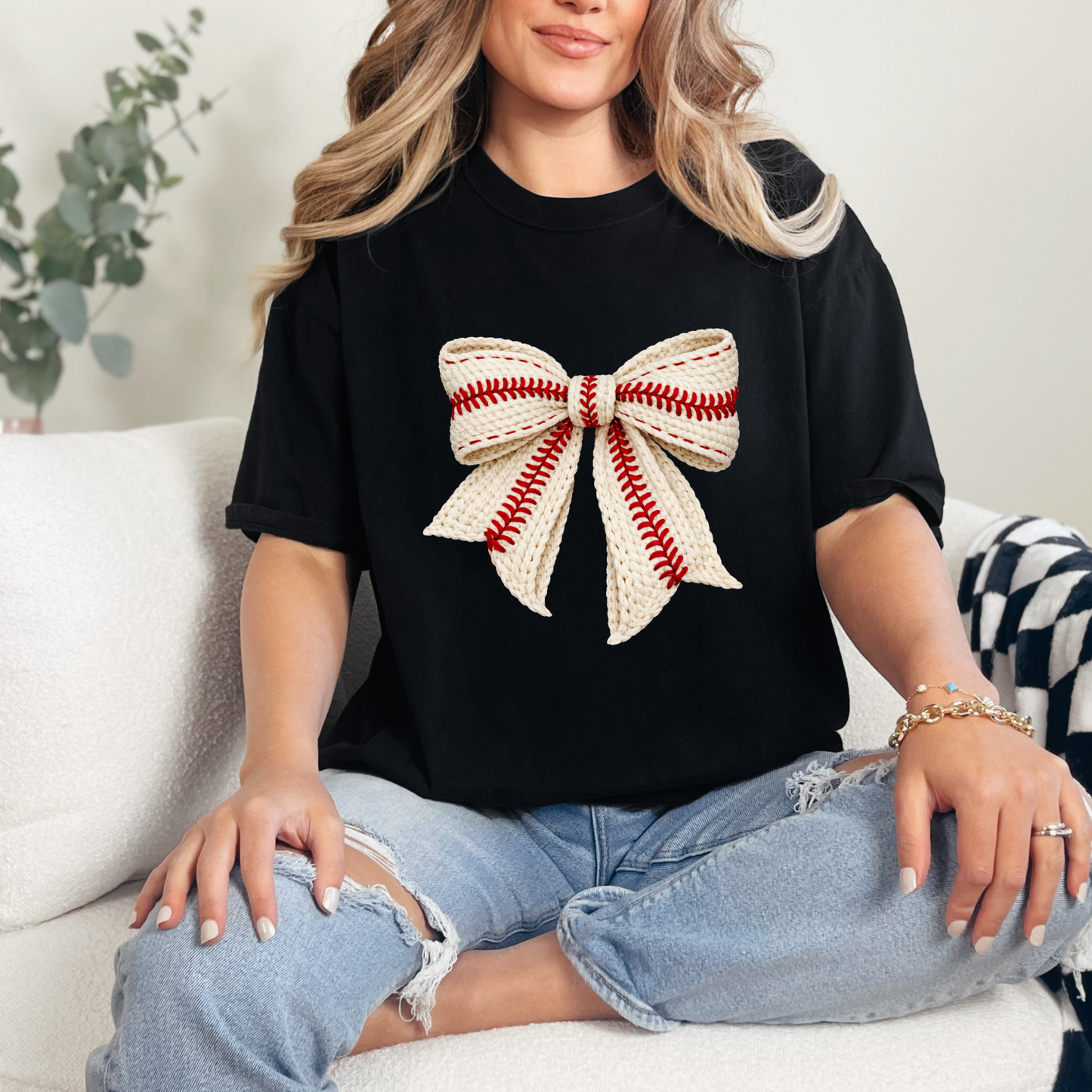 Faux Yarn Baseball Bow Graphic Tee