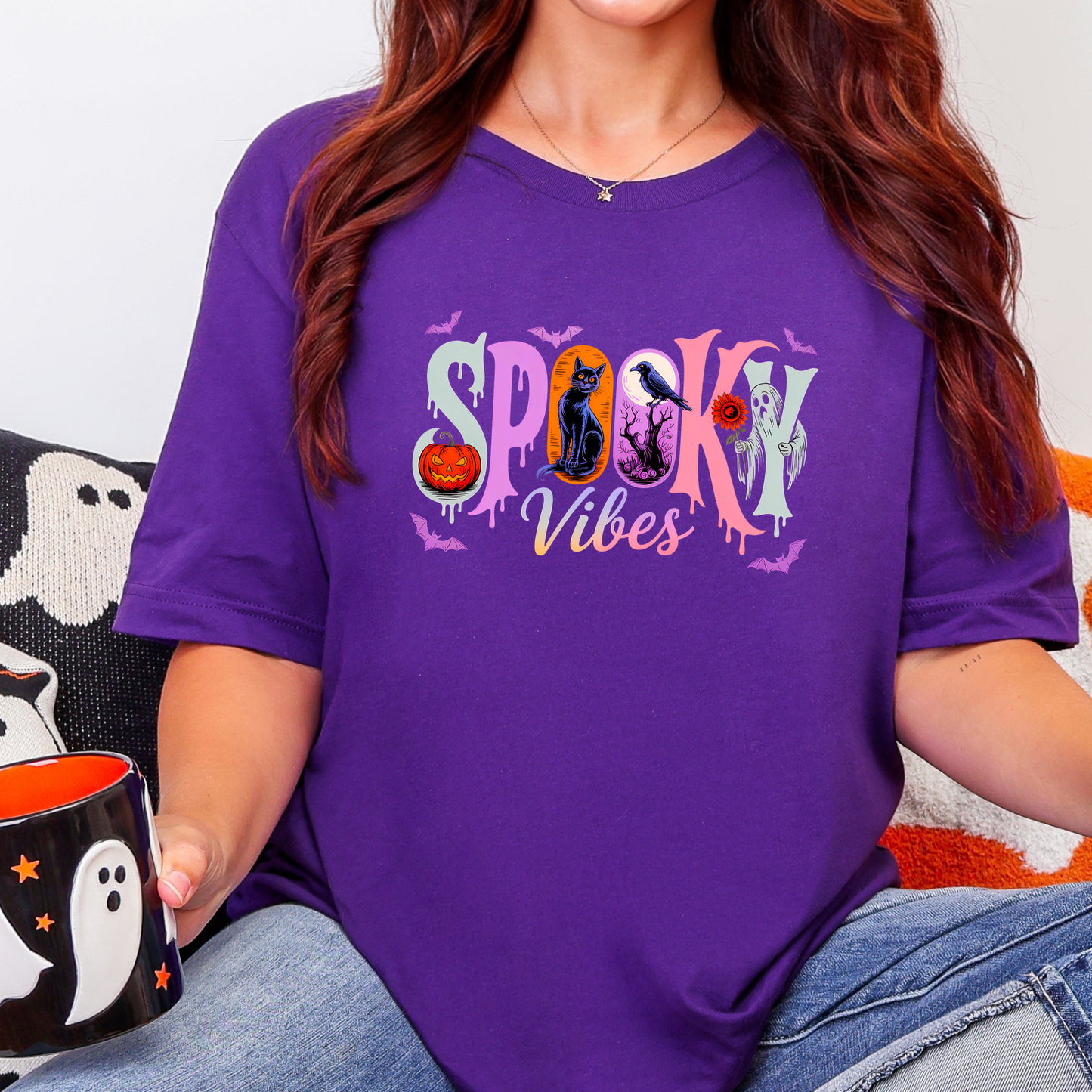 Wholesale Spooky Vibes Retro Graphic Tee - Team Purple