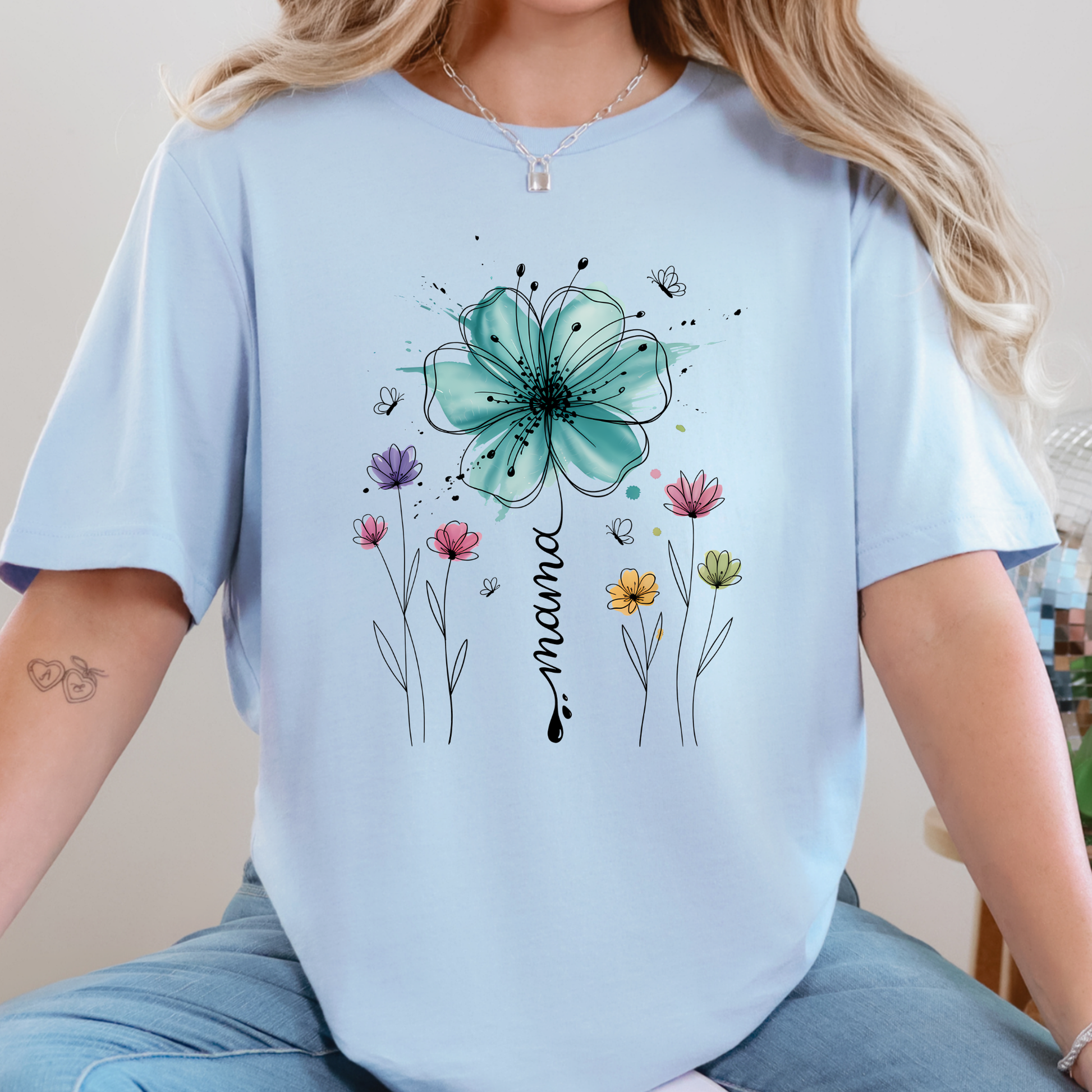 Wholesale Boho Floral Mama Graphic Tee - Baby Blue Tee