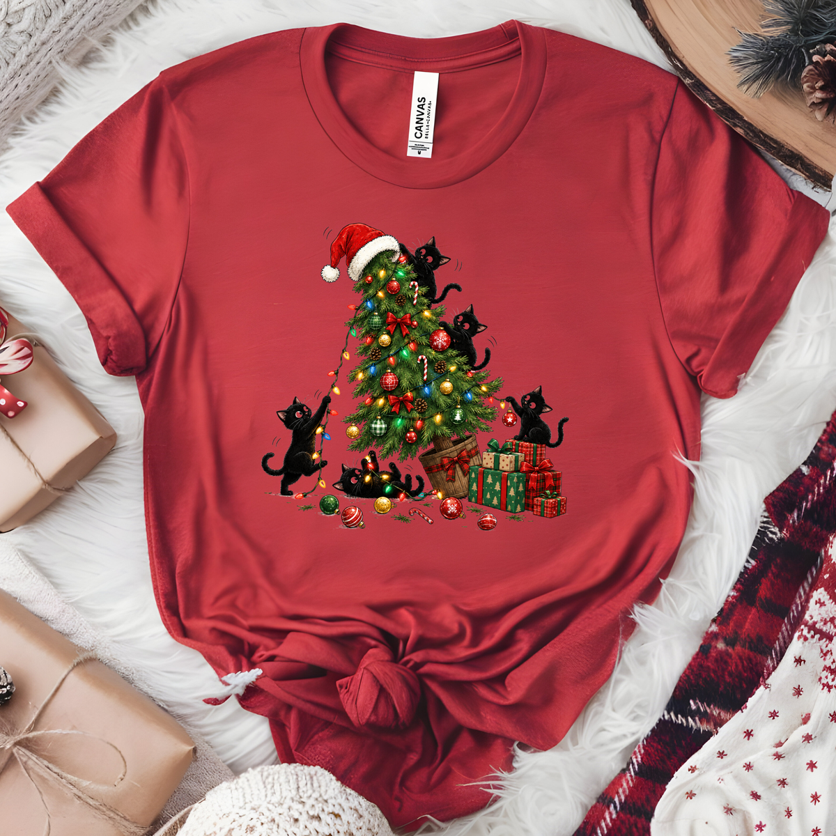 Wholesale Black Cat Christmas Tree Graphic Tee - Heather Canvas Red