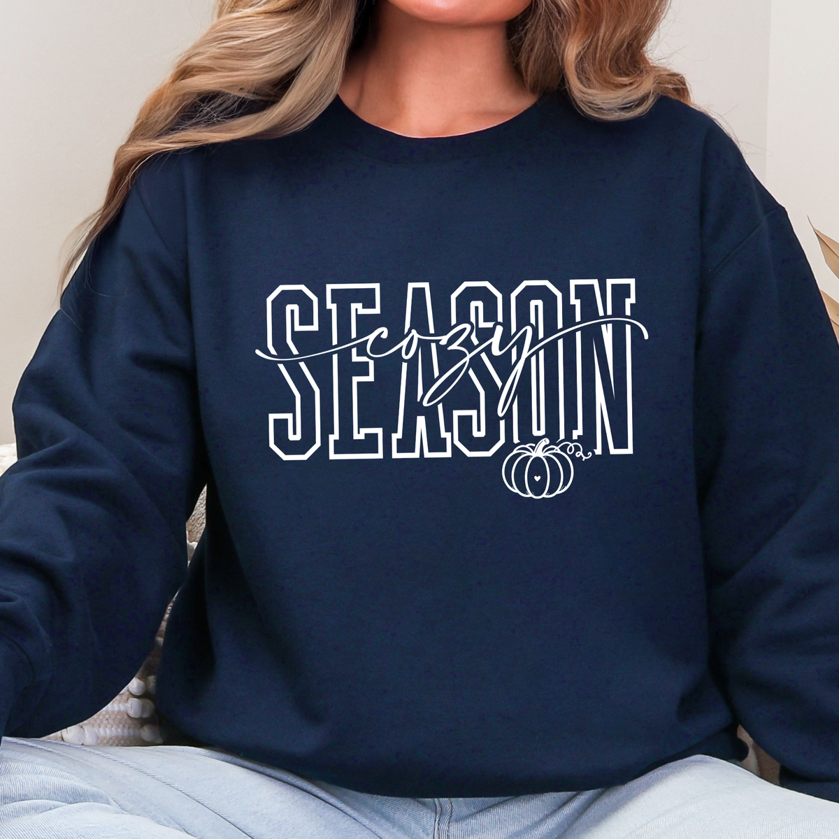 Wholesale Cozy Season White Graphic Sweatshirt - Navy