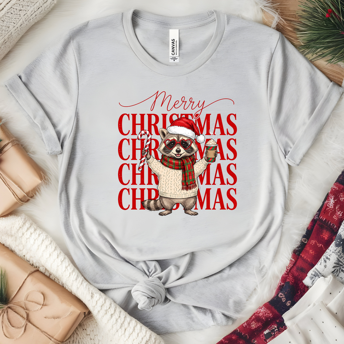 Wholesale Merry Christmas Raccoon Graphic Tee - Heather Cool Grey