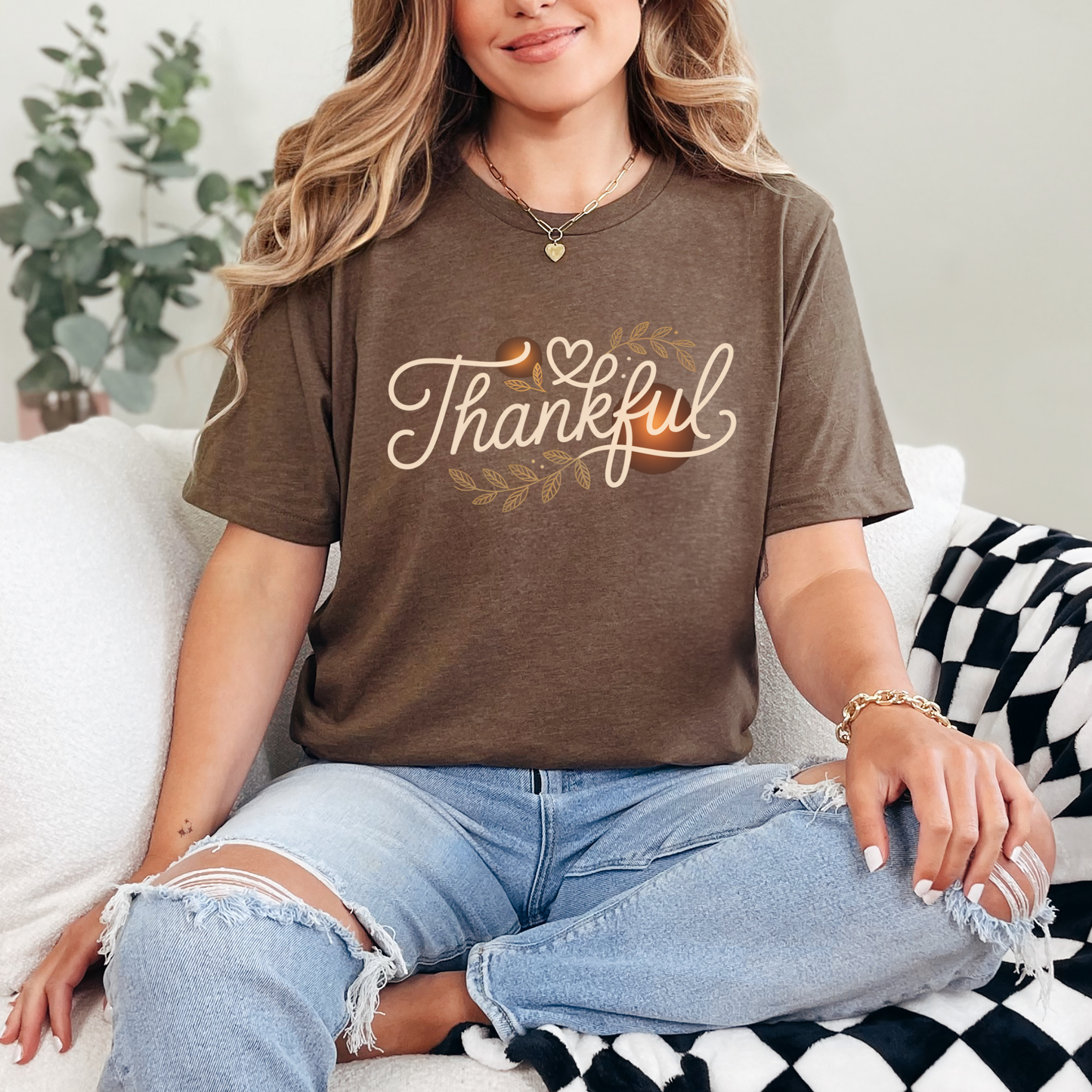Wholesale Thankful Script Graphic Tee - Heather Brown Tee
