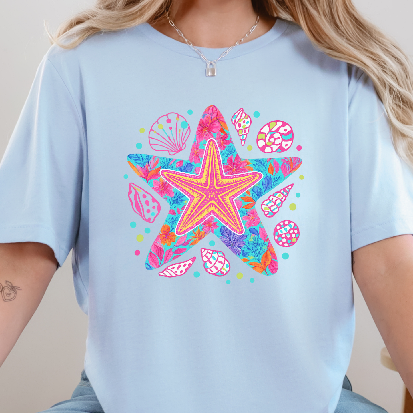 Wholesale Preppy Starfish Graphic Tee - Baby Blue Tee