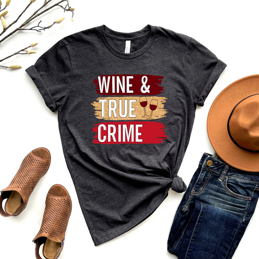 Wholesale Wine and True Crime Graphic Tee - Heather Charocal Tee