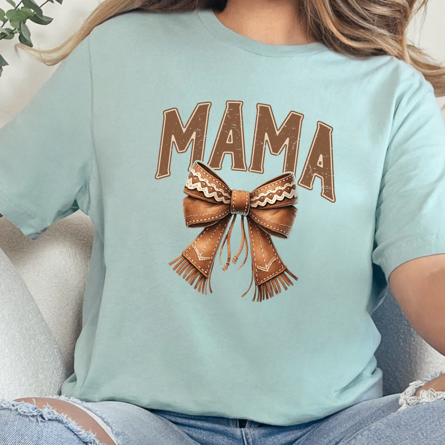 Wholesale Mama Western Bow Graphic Tee - Dusty Blue Tee